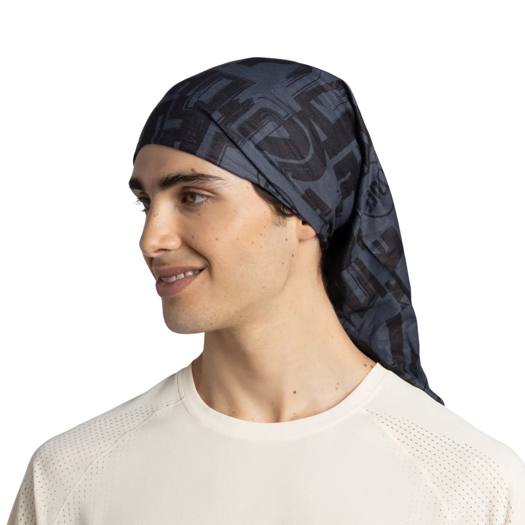 Buff CoolNet UV Neckwear Losne Graphite Scaldacollo tubolare con protezione solare UPF 50 e tecnologia HeiQ Smart Temp. Tessuto elastico riciclato con pattern grafico astratto e logo Buff centrale. Accessorio traspirante ideale per sport outdoor e gestione dell'umidità.