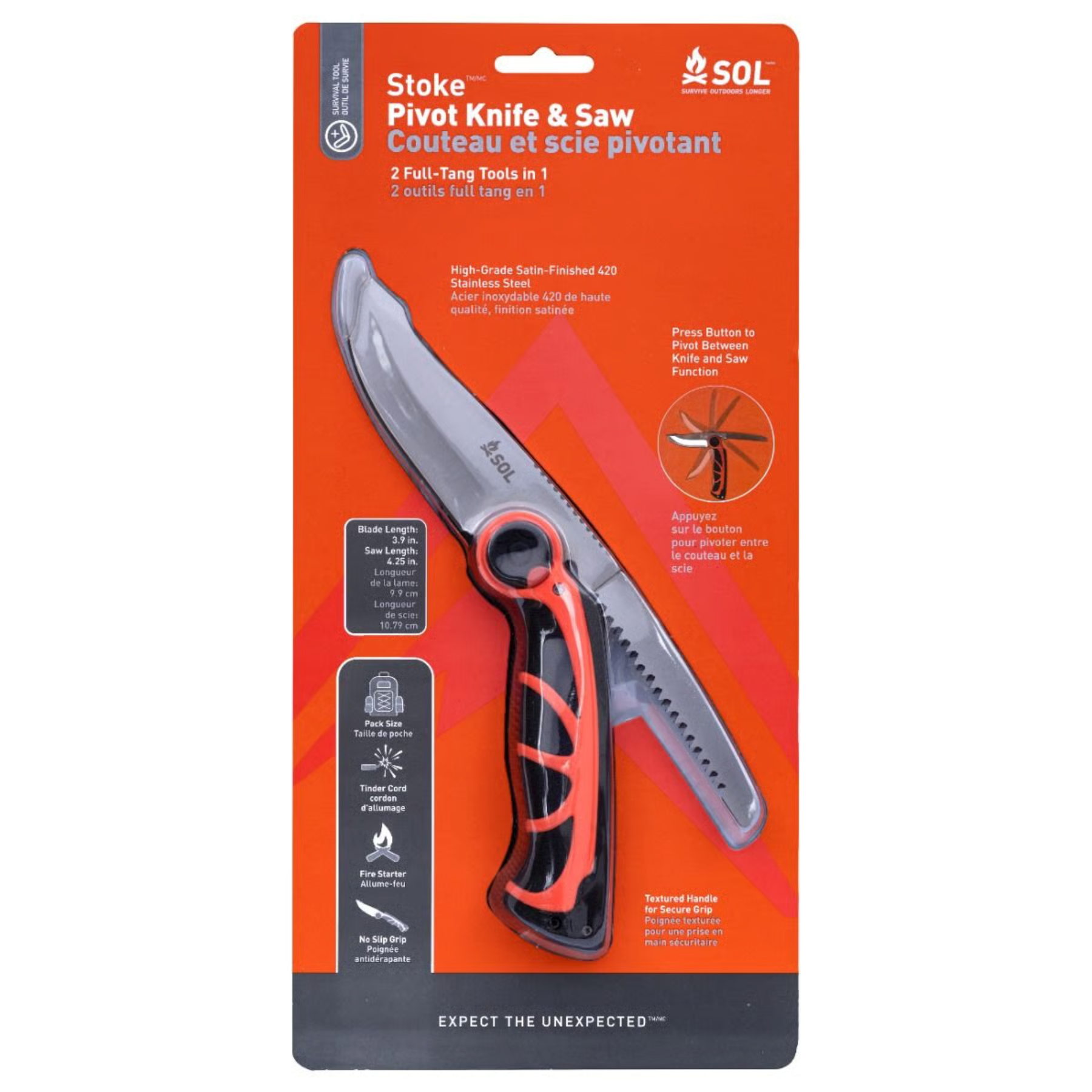 SOL Stoke Pivot Knife & Saw, coltello multiuso chiudibile con doppia lama, lama principale e seghetto pieghevole, manico nero e arancione per survival, campeggio e outdoor, su backpacco.it