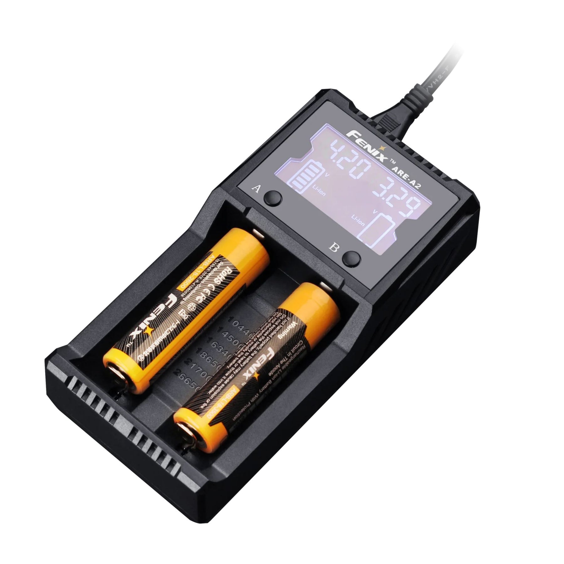 Fenix ARE-A2 caricabatterie intelligente a due slot con display LCD per batterie ricaricabili li-ion e ni-mh ideale per torce ed equipaggiamento tattico e outdoor