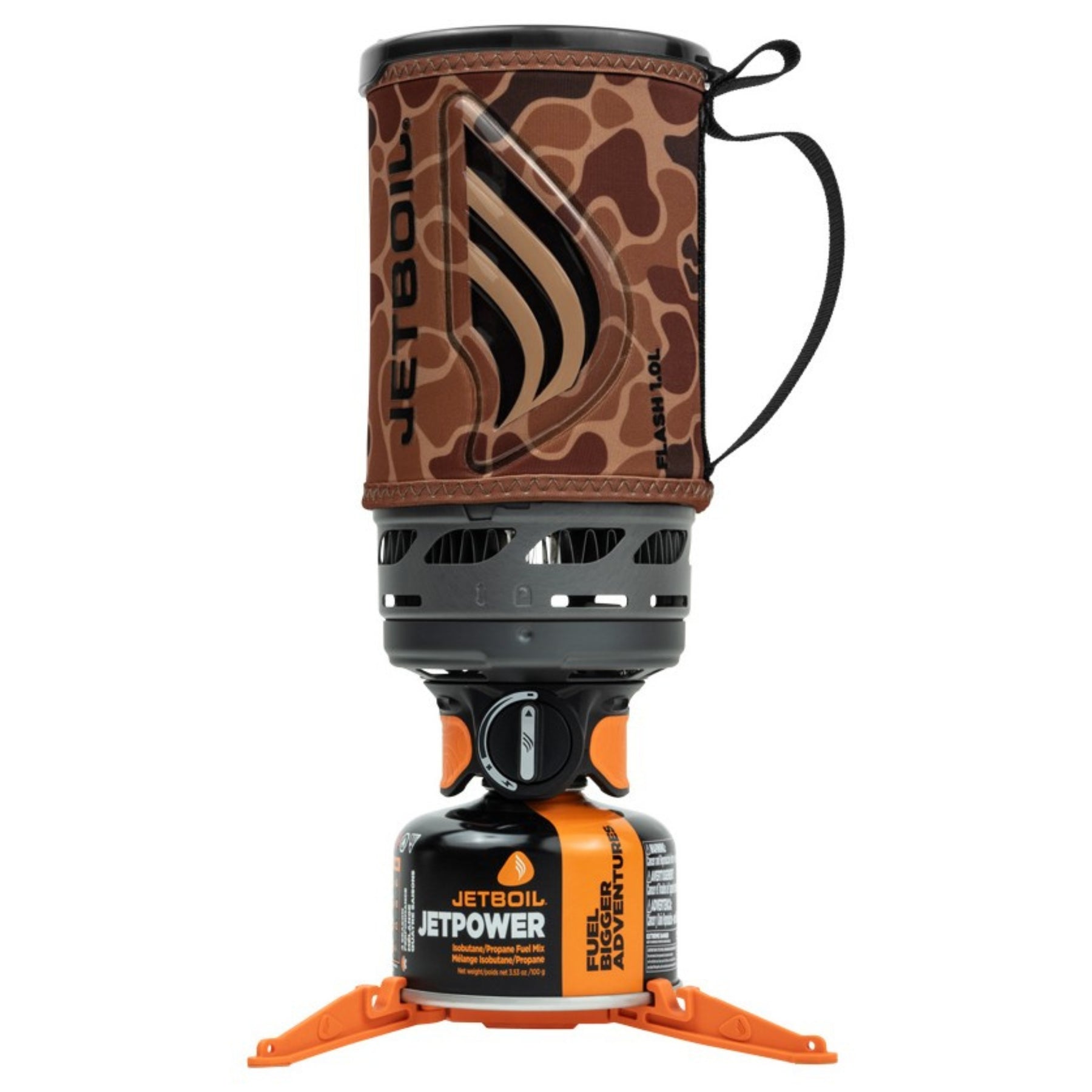 Jetboil Flash Fast Boil System fornello a gas da campeggio con tazza integrata da 1.0L munita di custodia isolante e indicatore termocromatico di ebollizione poggiato su cartuccia di combustibile Jetpower stabilizzata da treppiede per escursionismo e outdoor