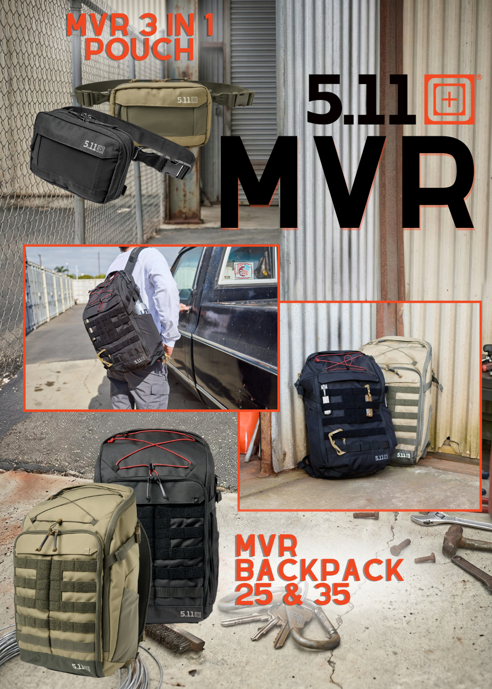 Banner promozionale 5.11 Tactical serie MVR che mostra il marsupio MVR 3 in 1 Pouch e gli zaini MVR Backpack 25 e 35. Le immagini mostrano i prodotti con sistema MOLLE frontale, elastici portaoggetti e logo 5.11, utilizzati in contesti outdoor e urbani accanto a un veicolo.