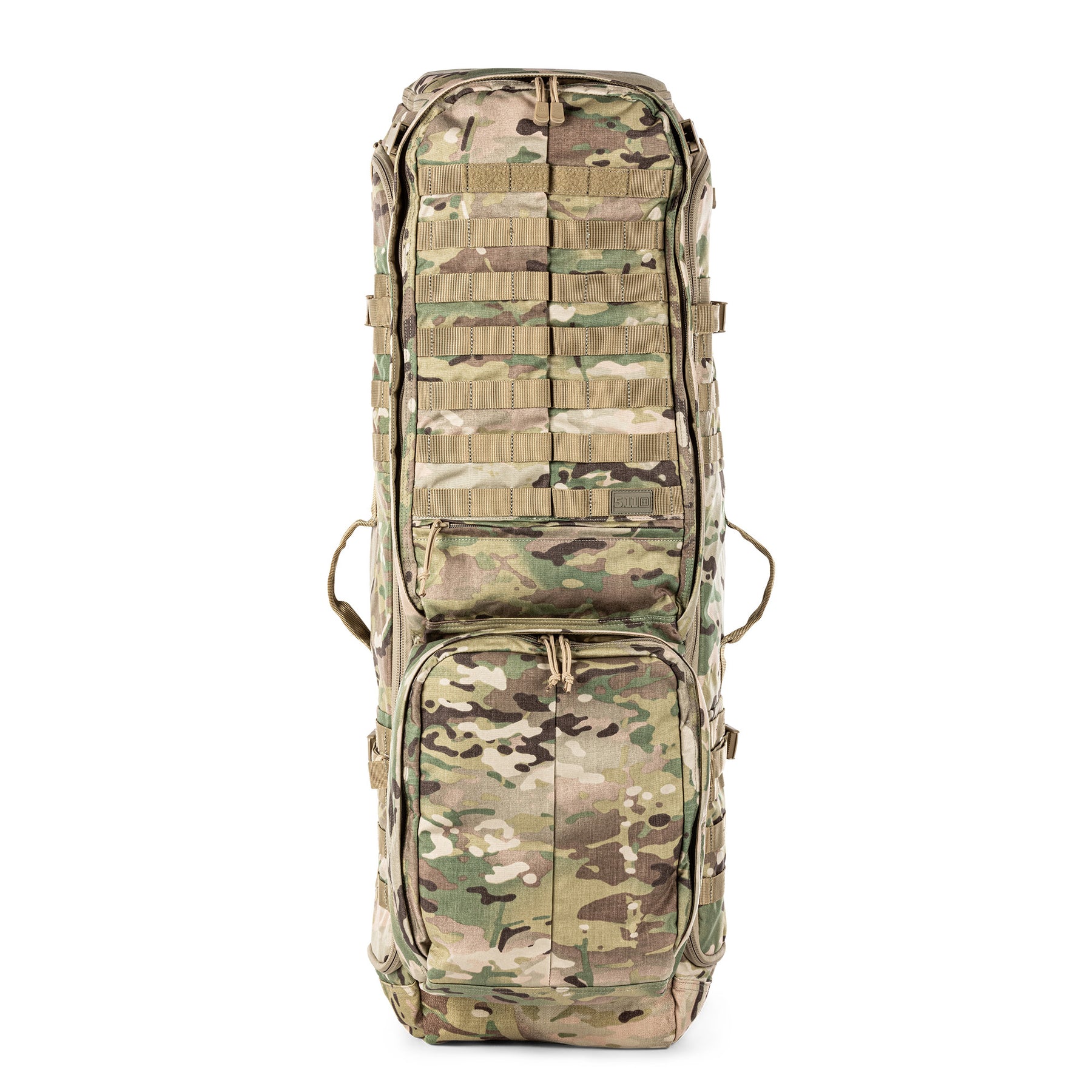 5.11 RUSH Sierra One, zaino tattico da 62L con telaio interno in alluminio e Nylon 500D/1050D, sistema MOLLE frontale e laterale per espansione modulare, scomparto principale imbottito.