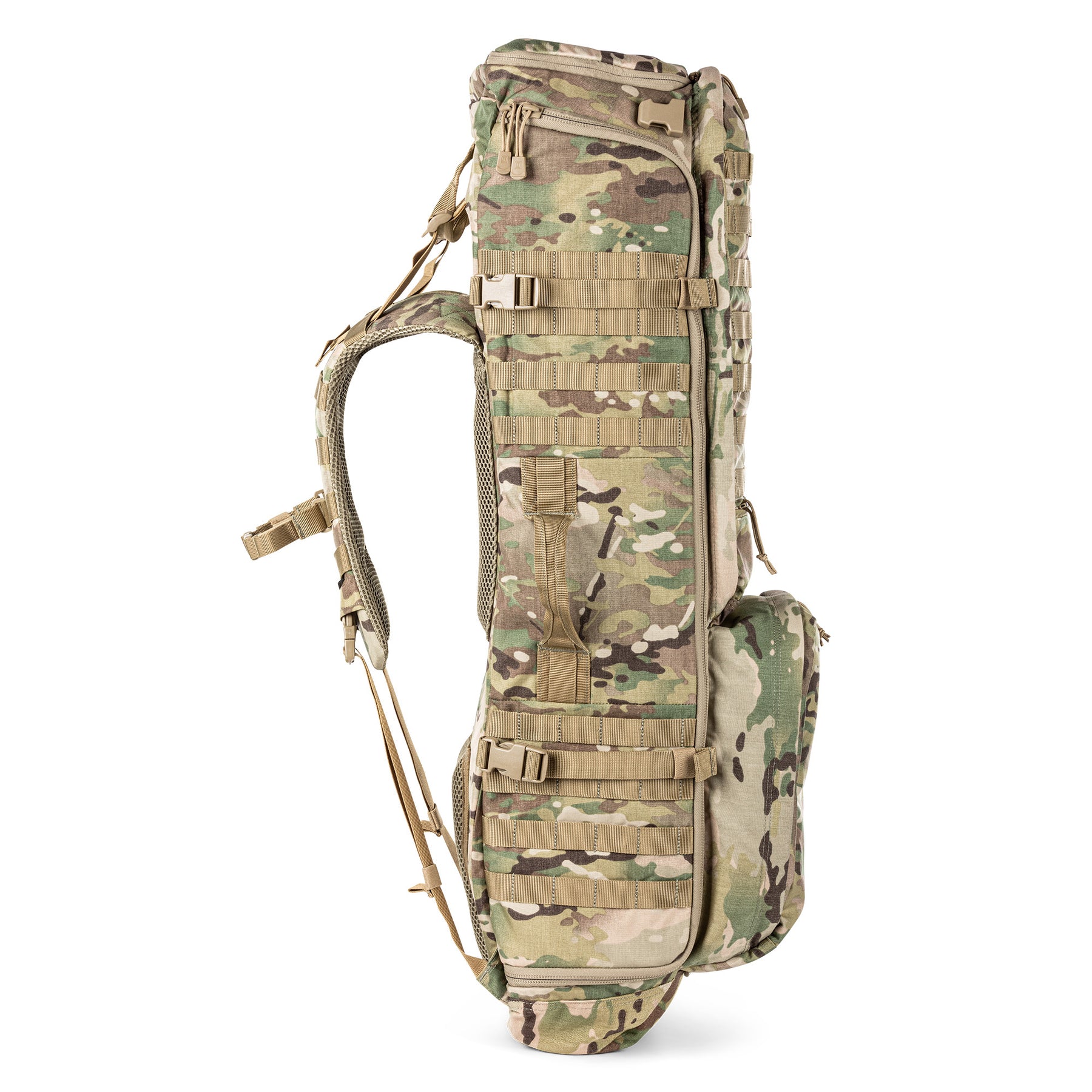 5.11 RUSH Sierra One, zaino tattico da 62L con telaio interno in alluminio e Nylon 500D/1050D, sistema MOLLE frontale e laterale per espansione modulare, scomparto principale imbottito.