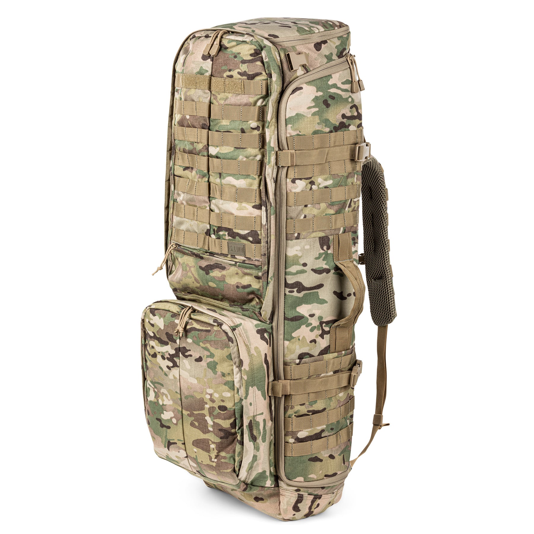 5.11 RUSH Sierra One, zaino tattico da 62L con telaio interno in alluminio e Nylon 500D/1050D, sistema MOLLE frontale e laterale per espansione modulare, scomparto principale imbottito.