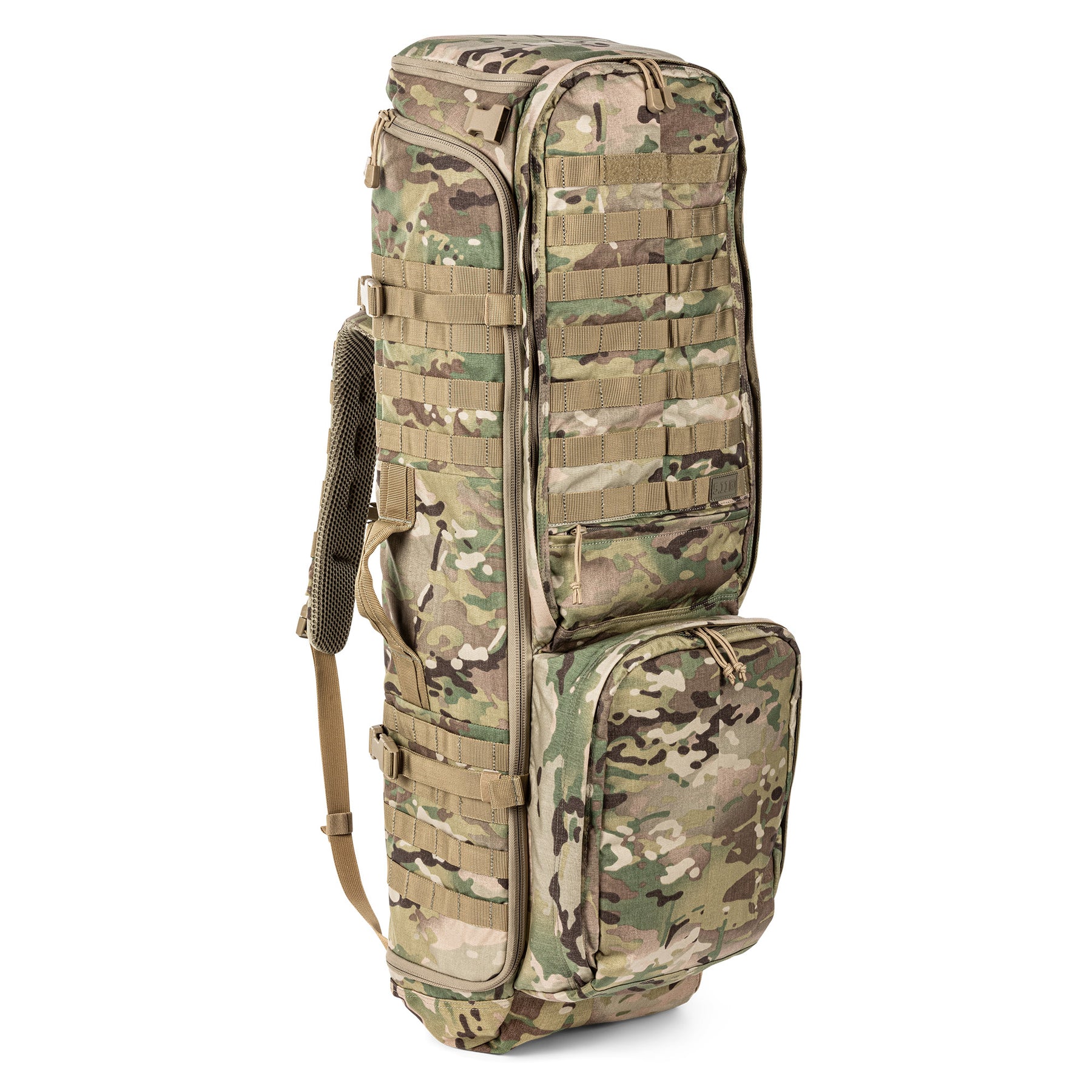 5.11 RUSH Sierra One, zaino tattico da 62L con telaio interno in alluminio e Nylon 500D/1050D, sistema MOLLE frontale e laterale per espansione modulare, scomparto principale imbottito.
