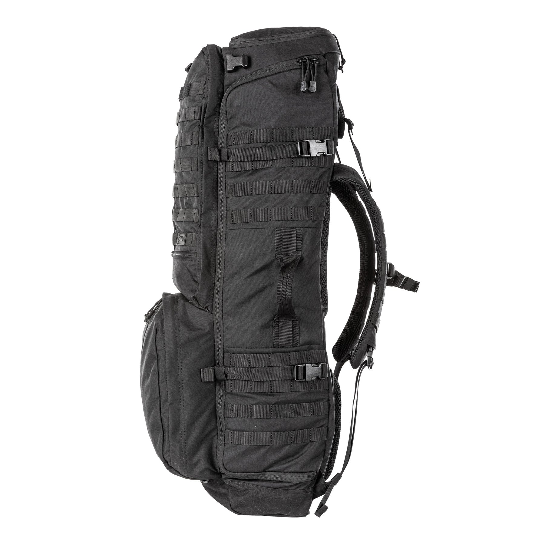 5.11 RUSH Sierra One, zaino tattico da 62L con telaio interno in alluminio e Nylon 500D/1050D, sistema MOLLE frontale e laterale per espansione modulare, scomparto principale imbottito.