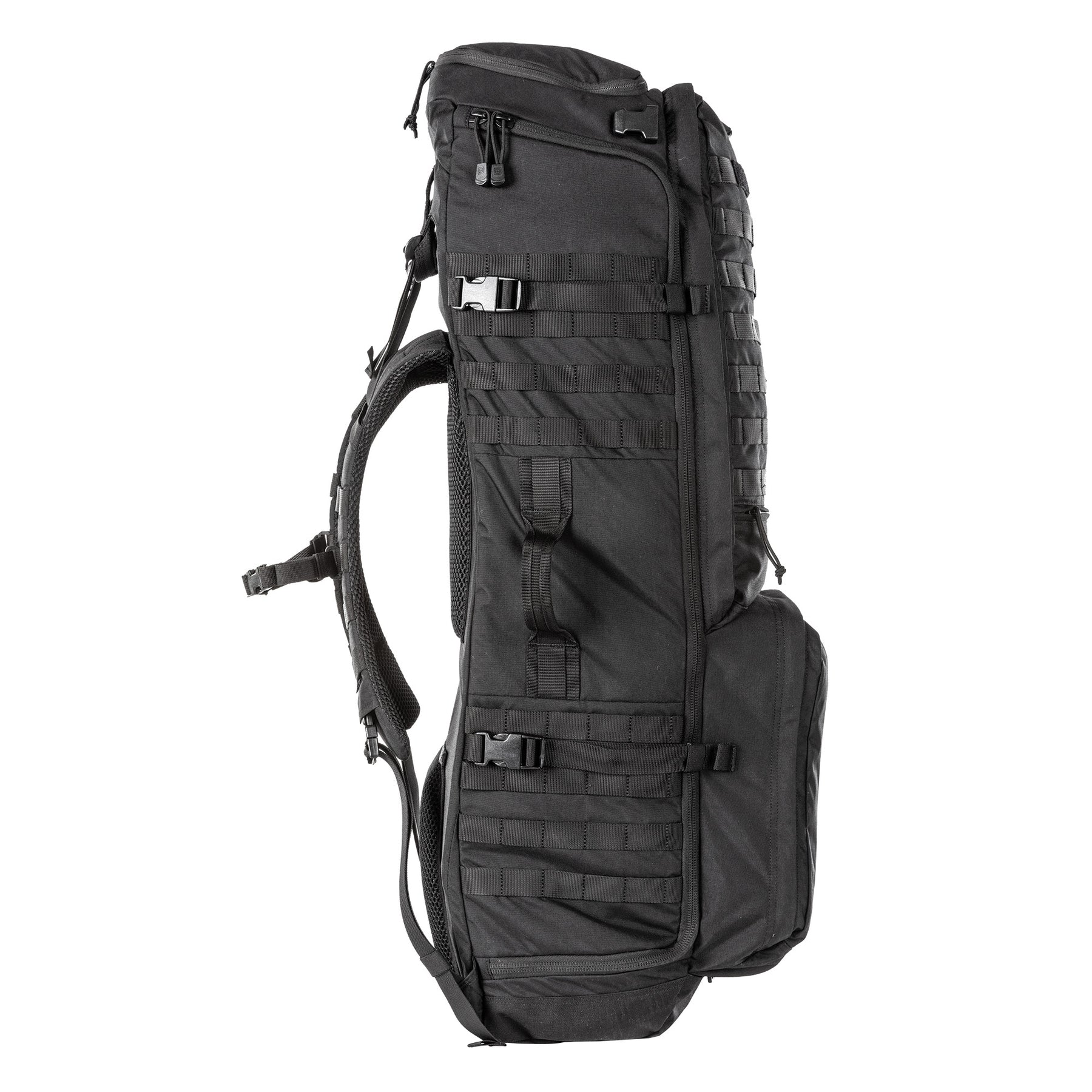 5.11 RUSH Sierra One, zaino tattico da 62L con telaio interno in alluminio e Nylon 500D/1050D, sistema MOLLE frontale e laterale per espansione modulare, scomparto principale imbottito.
