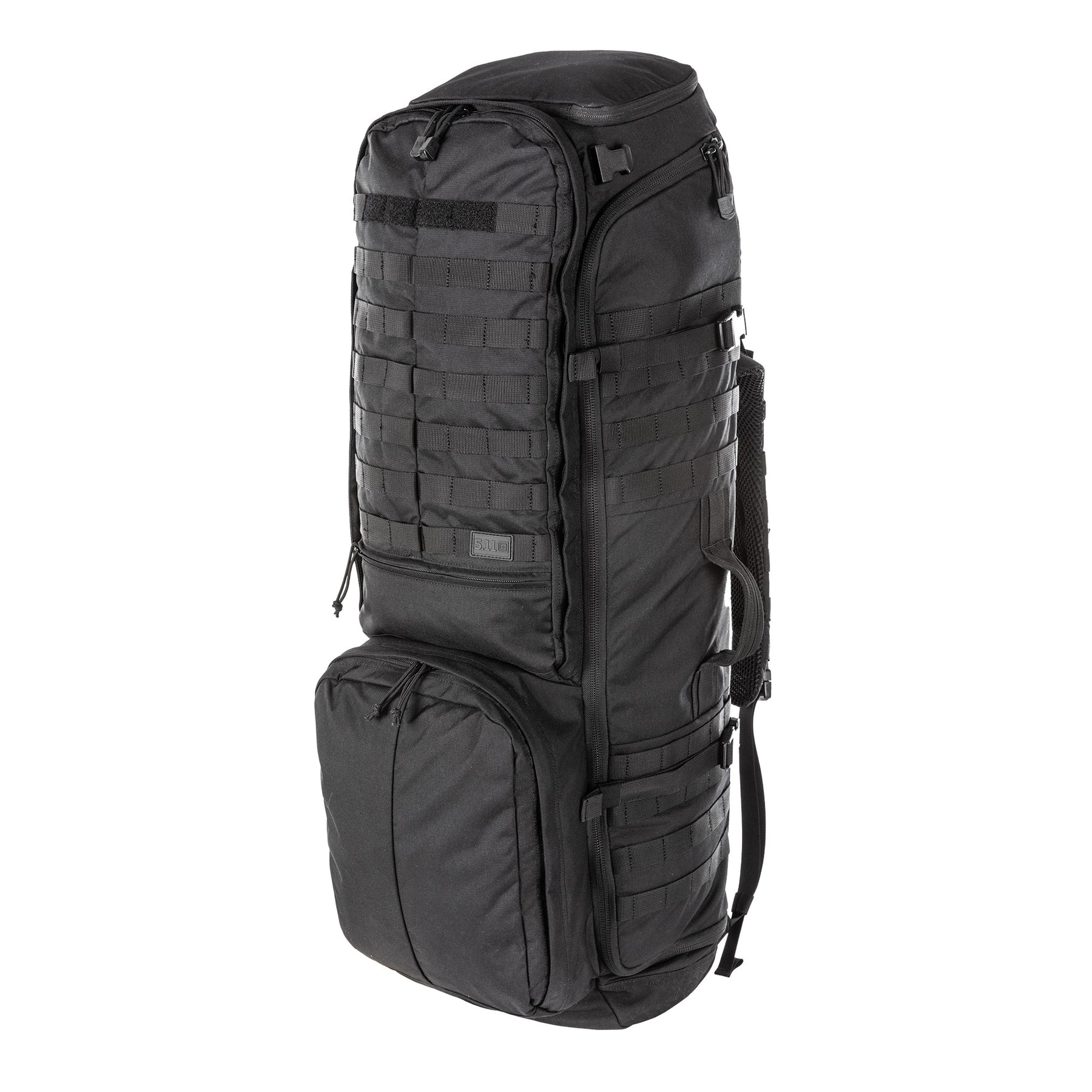 5.11 RUSH Sierra One, zaino tattico da 62L con telaio interno in alluminio e Nylon 500D/1050D, sistema MOLLE frontale e laterale per espansione modulare, scomparto principale imbottito.