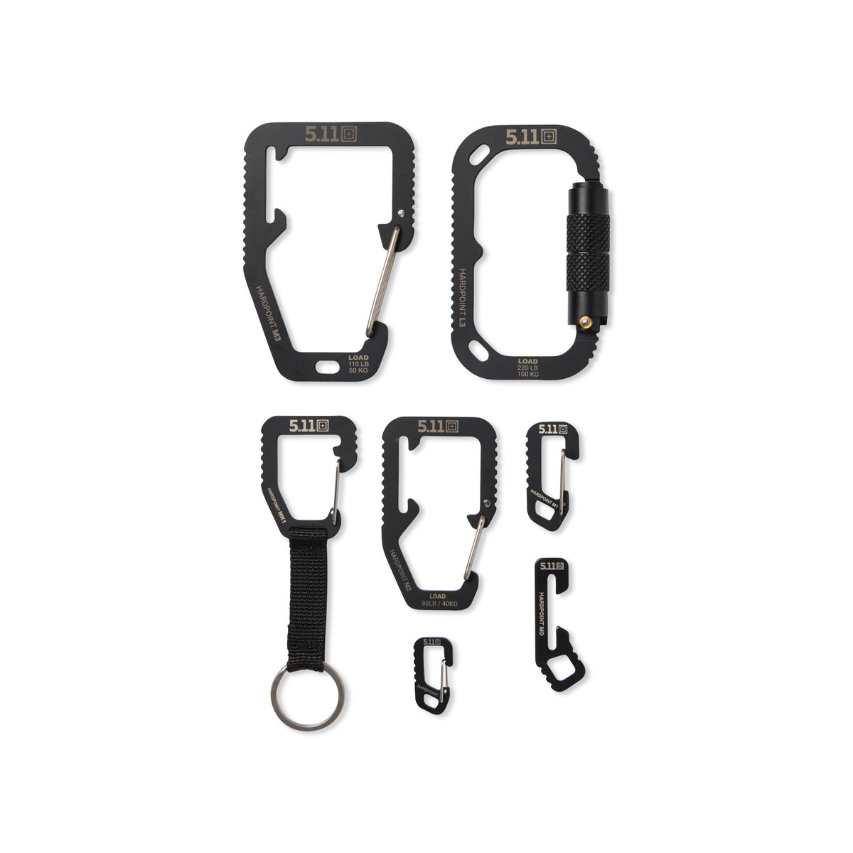 Kit di moschettoni tattici 5.11 HARDPOINT con accessori EDC, inclusi moschettoni USA MADE, portachiavi e multi-tool - ideali per outdoor, survival e uso quotidiano, su backpacco.it