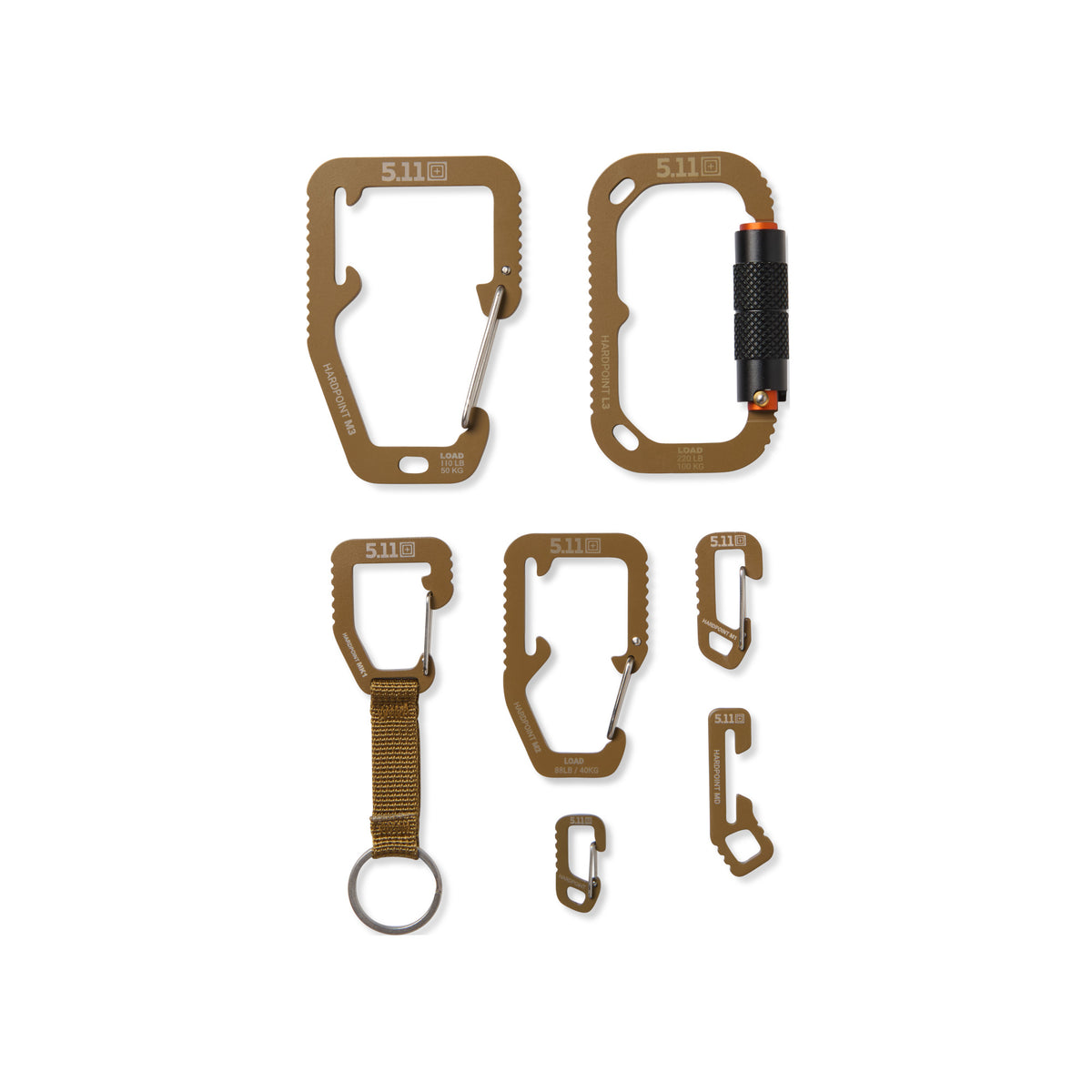 Kit di moschettoni tattici 5.11 HARDPOINT con accessori EDC, inclusi moschettoni USA MADE, portachiavi e multi-tool - ideali per outdoor, survival e uso quotidiano, su backpacco.it
