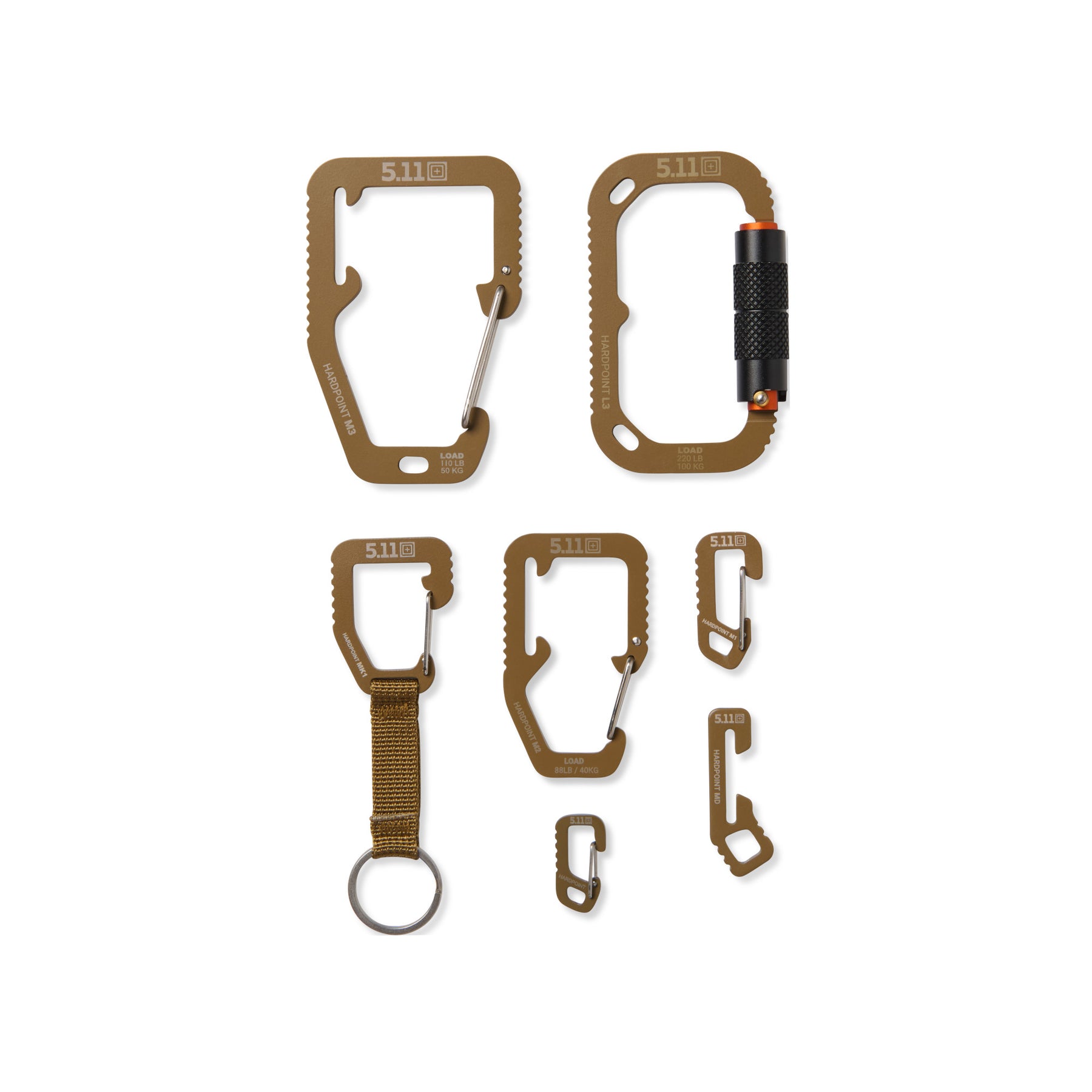 Kit di moschettoni tattici 5.11 HARDPOINT con accessori EDC, inclusi moschettoni USA MADE, portachiavi e multi-tool - ideali per outdoor, survival e uso quotidiano, su backpacco.it