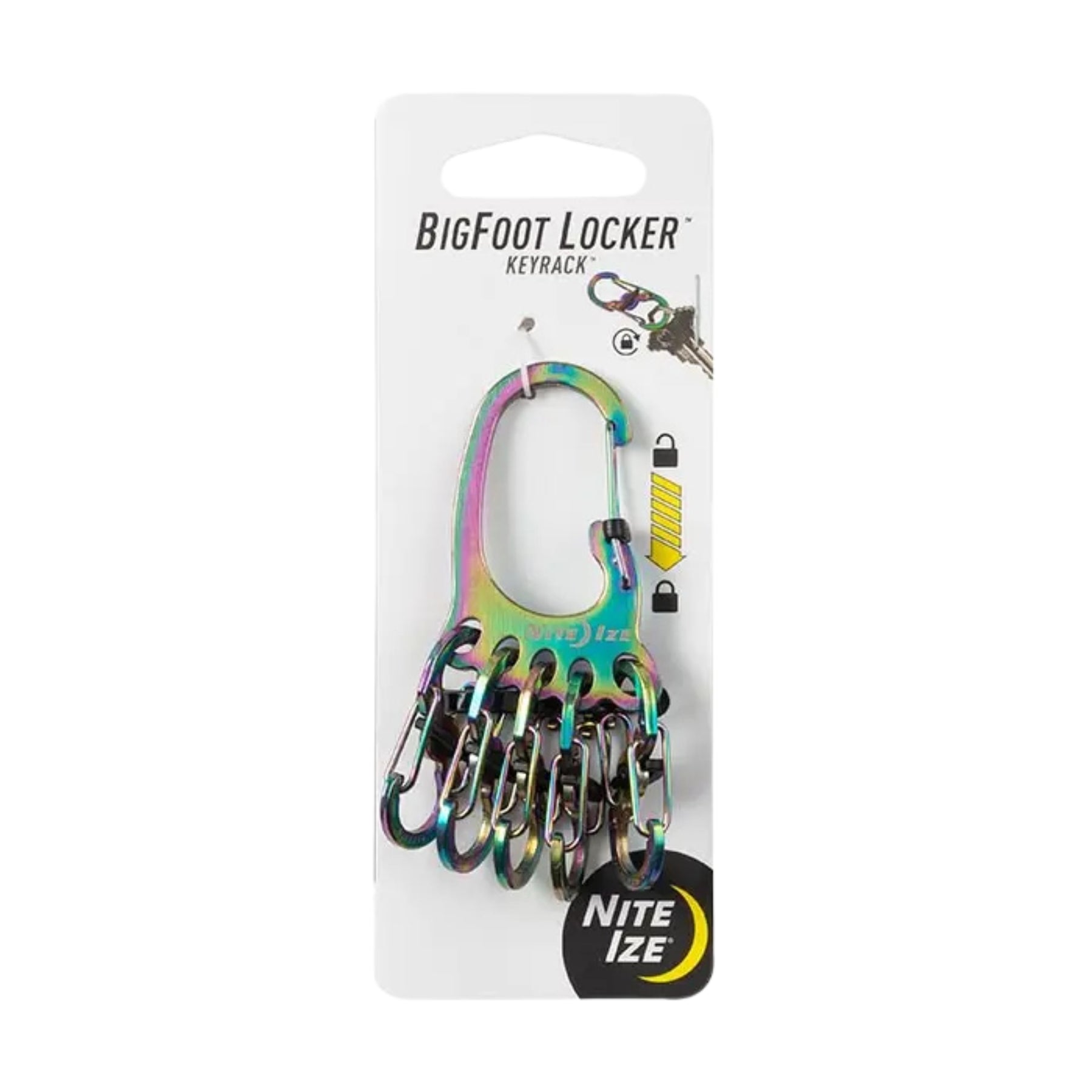 Nite Ize Bigfoot Locker Keyrack Stainless Steel moschettone portachiavi a forma di impronta con cinque piccoli S-Biner MicroLock con blocco, chiusura di sicurezza a scorrimento centrale per organizzazione chiavi e attrezzatura EDC