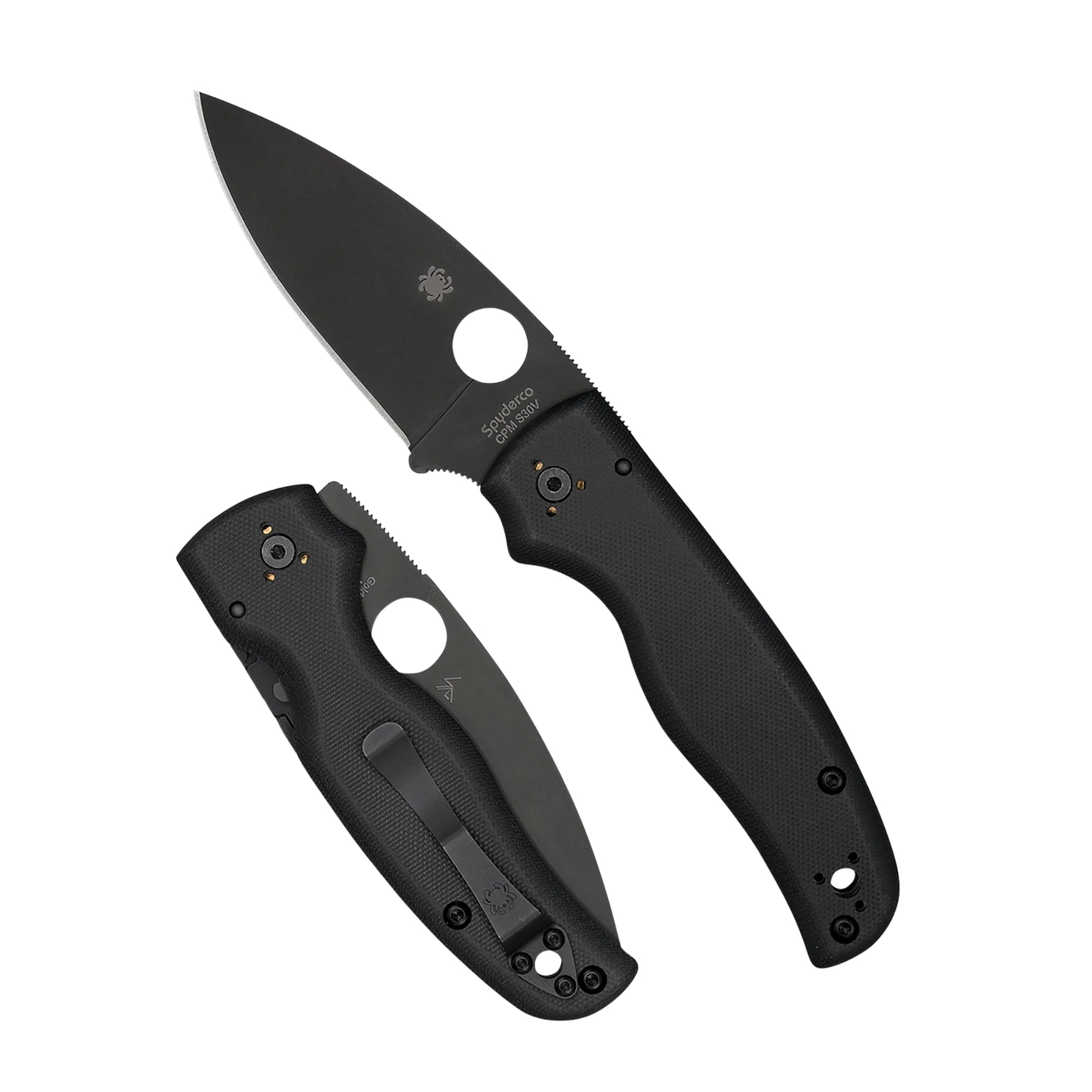 Spyderco Shaman G-10 coltello chiudibile EDC  con foro Round Hole impugnatura ergonomica sagomata con guancette in G-10 e blocco Compression Lock per outdoor e lavoro quotidiano su sfondo bianco