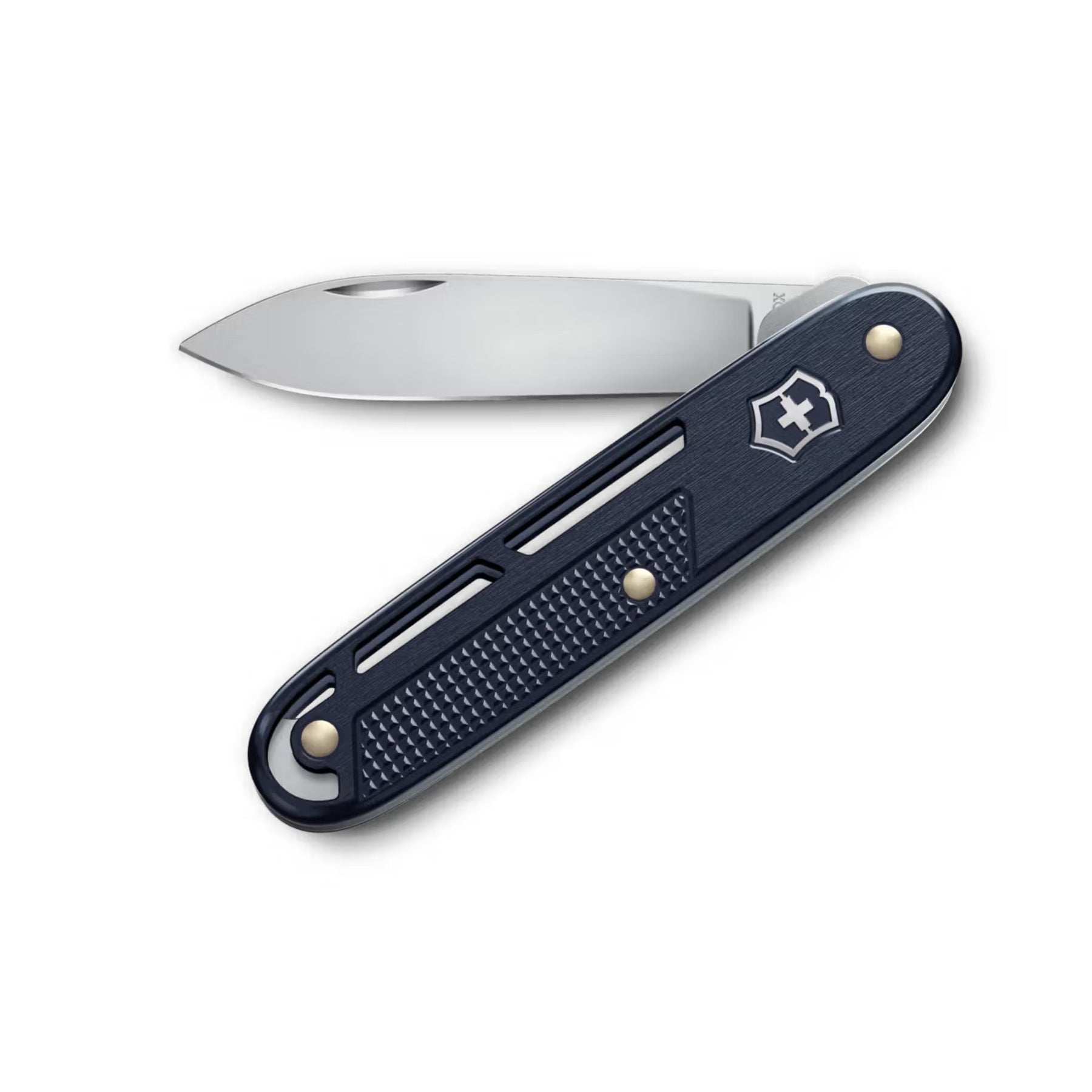 Victorinox Onefold Alox. Coltello chiudibile a lama singola liscia. Guancette in alluminio strutturato con fresature decorative e design scheletrato ultrapiatto. Strumento essenziale e leggero ideale per il porto quotidiano EDC minimalista.