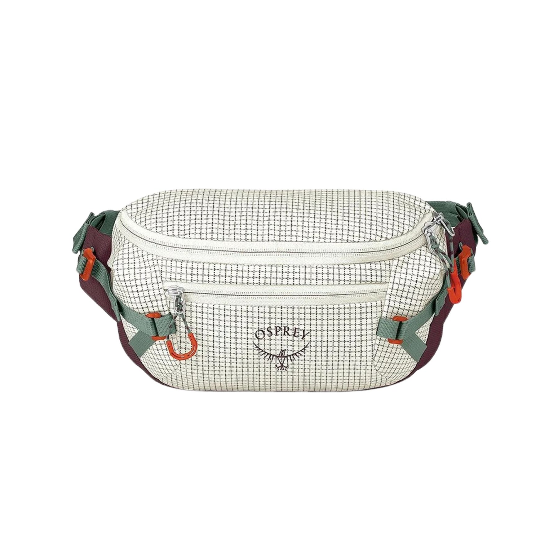 Osprey Transporter Waist Pack marsupio da 3 litri realizzato in tessuto tecnico con trama a griglia e logo frontale, dotato di tasca esterna con zip, cinghie di compressione laterali e cintura regolabile con fibbia a scatto per escursionismo e tempo libero.