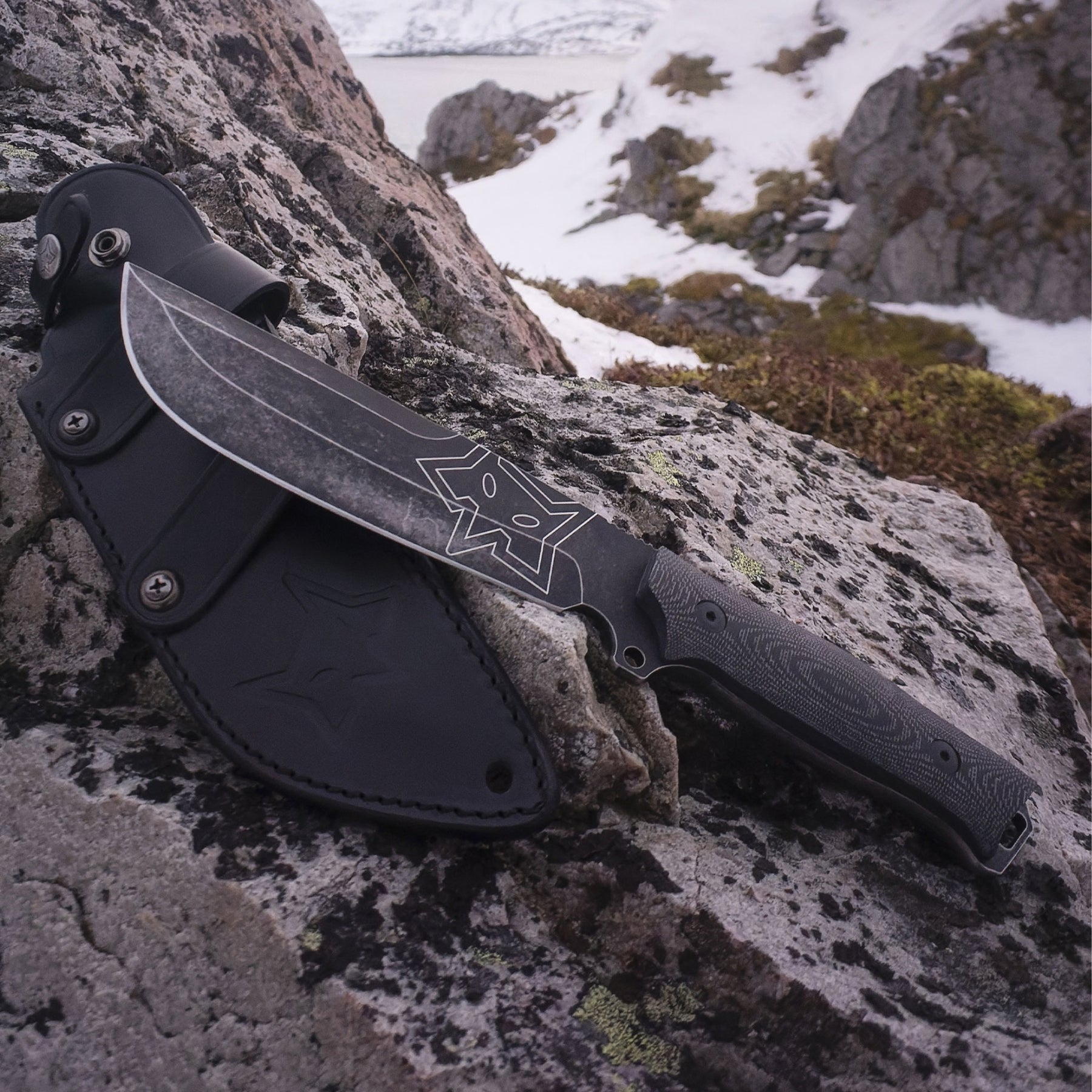 Fox Knives Native Bushcraft coltello a lama fissa full tang con profilo drop point scanalato e logo volpe inciso guancette sagomate con zigrinatura antiscivolo e foro per cordino per outdoor sopravvivenza ed escursionismo