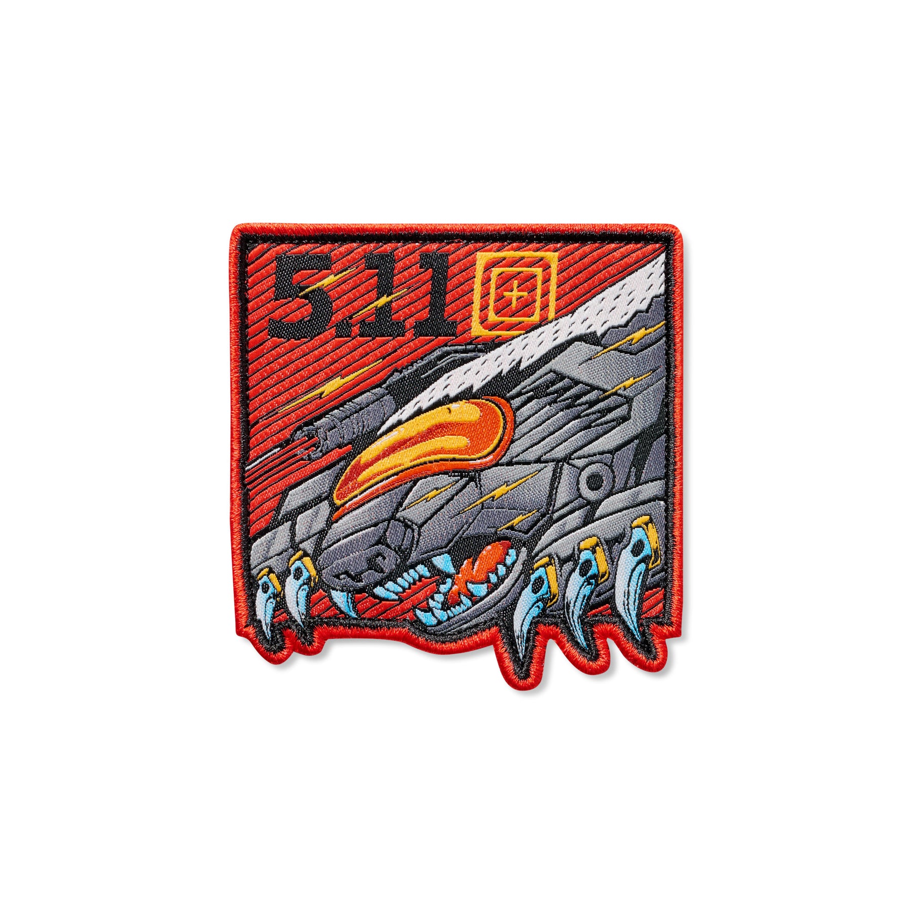 Patch ricamata 5.11 Tactical Vengeful Badger (tasso vendicativo), disegno di un tasso robotico o animale meccanico con artigli e bocca aperta, sfondo rosso con linee diagonali e logo 5.11 in alto, patch di tipo umoristico