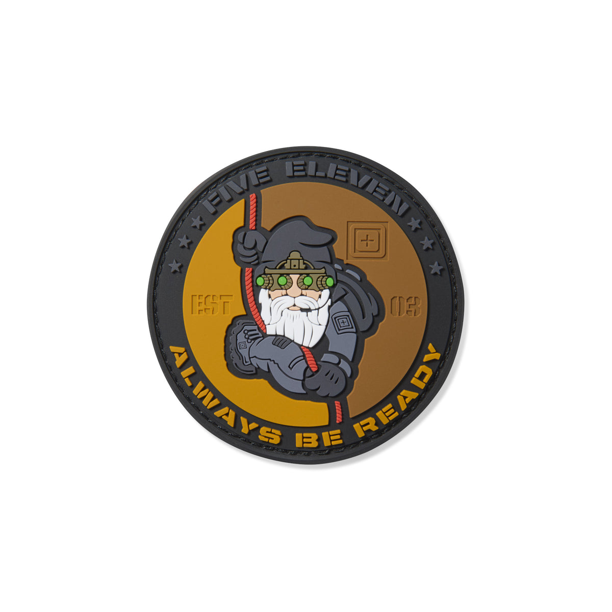 5.11 Night Rappel, patch tonda in PVC con velcro, toppa con persona con visore notturno che si cala in corda doppia (Rappel), scritta Five Eleven Always Be Ready
