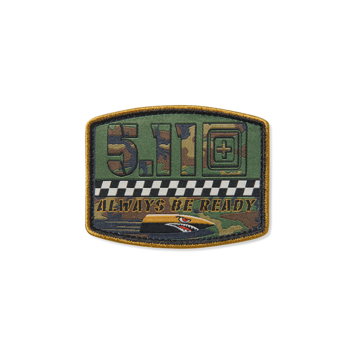 5.11 High Speed Op, patch ricamata con velcro in mimetismo digitale e logo 5.11, design con scacchiera e proiettile con denti, scritta Always Be Ready, toppa tattica