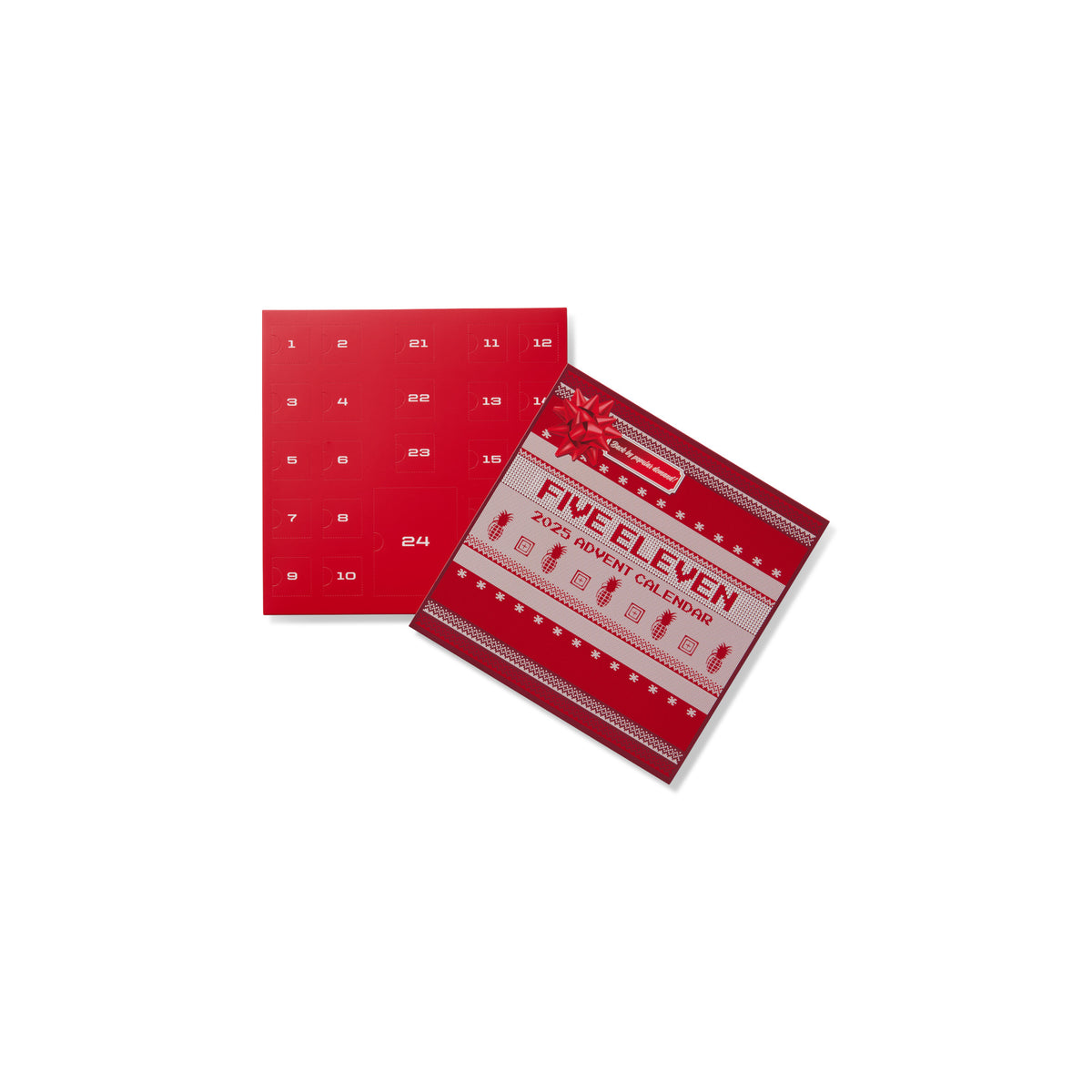5.11 Calendario dell'Avvento 2025, confezione a tema maglione natalizio rosso e bianco con fiocco, calendario con 24 regali a sorpresa di attrezzatura e accessori tattici 5.11, su backpacco.it