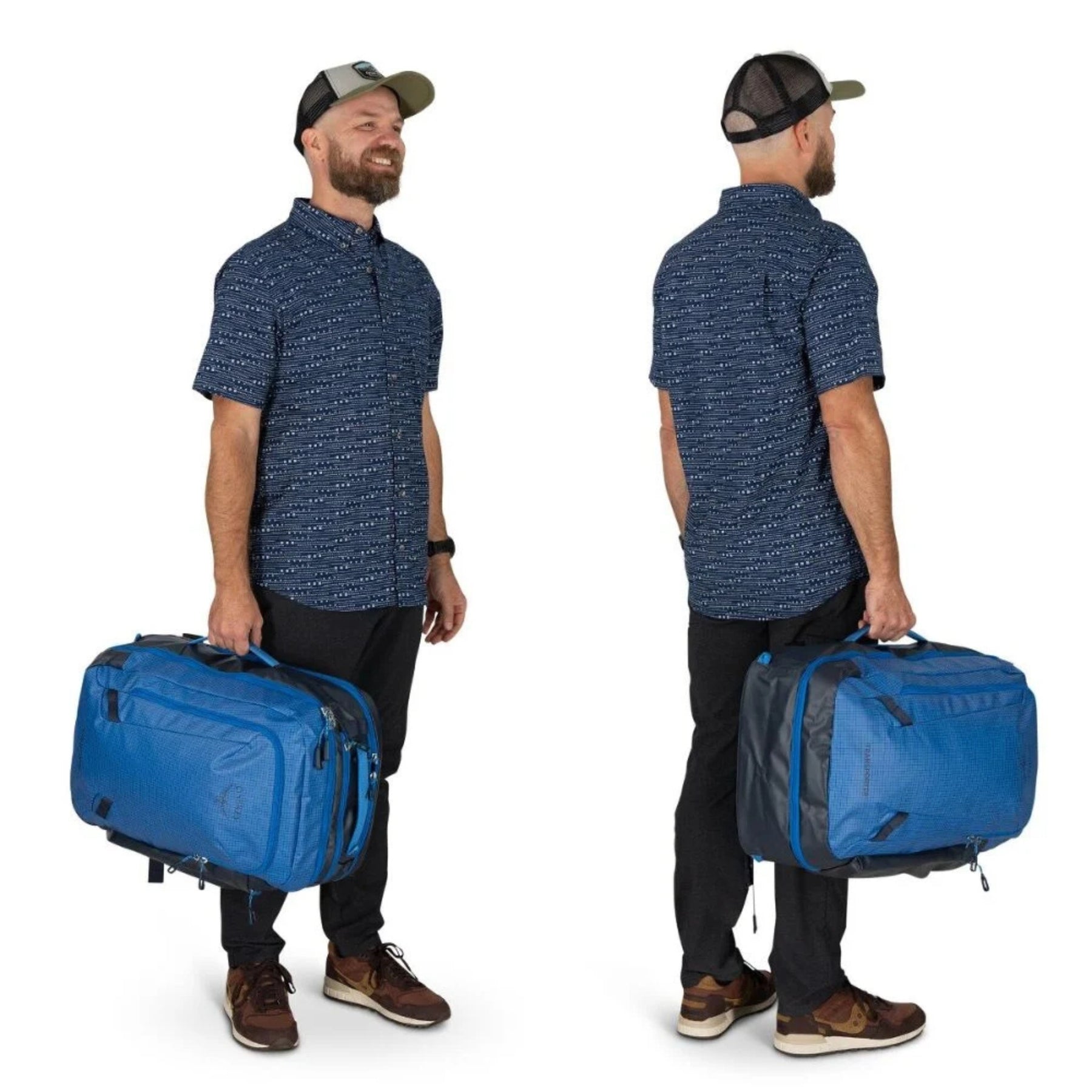 Osprey Transporter Travel Pack 44 zaino da viaggio da 44 litri con spallacci imbottiti, maniglia laterale e scomparti con cerniera in tessuto tecnico robusto. Ideale come bagaglio a mano per outdoor e trekking.