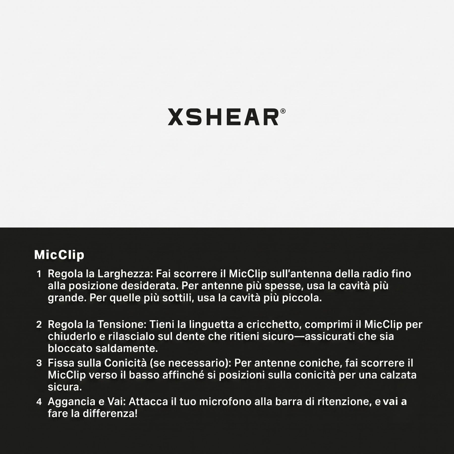 XShear MicClip supporto per microfono radio con struttura rigida, meccanismo di ritenzione e clip posteriore per il fissaggio sicuro su antenna radio. Accessorio per comunicazioni in ambito primo soccorso, sicurezza e outdoor.