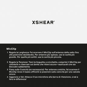 XShear MicClip supporto per microfono radio con struttura rigida, meccanismo di ritenzione e clip posteriore per il fissaggio sicuro su antenna radio. Accessorio per comunicazioni in ambito primo soccorso, sicurezza e outdoor.