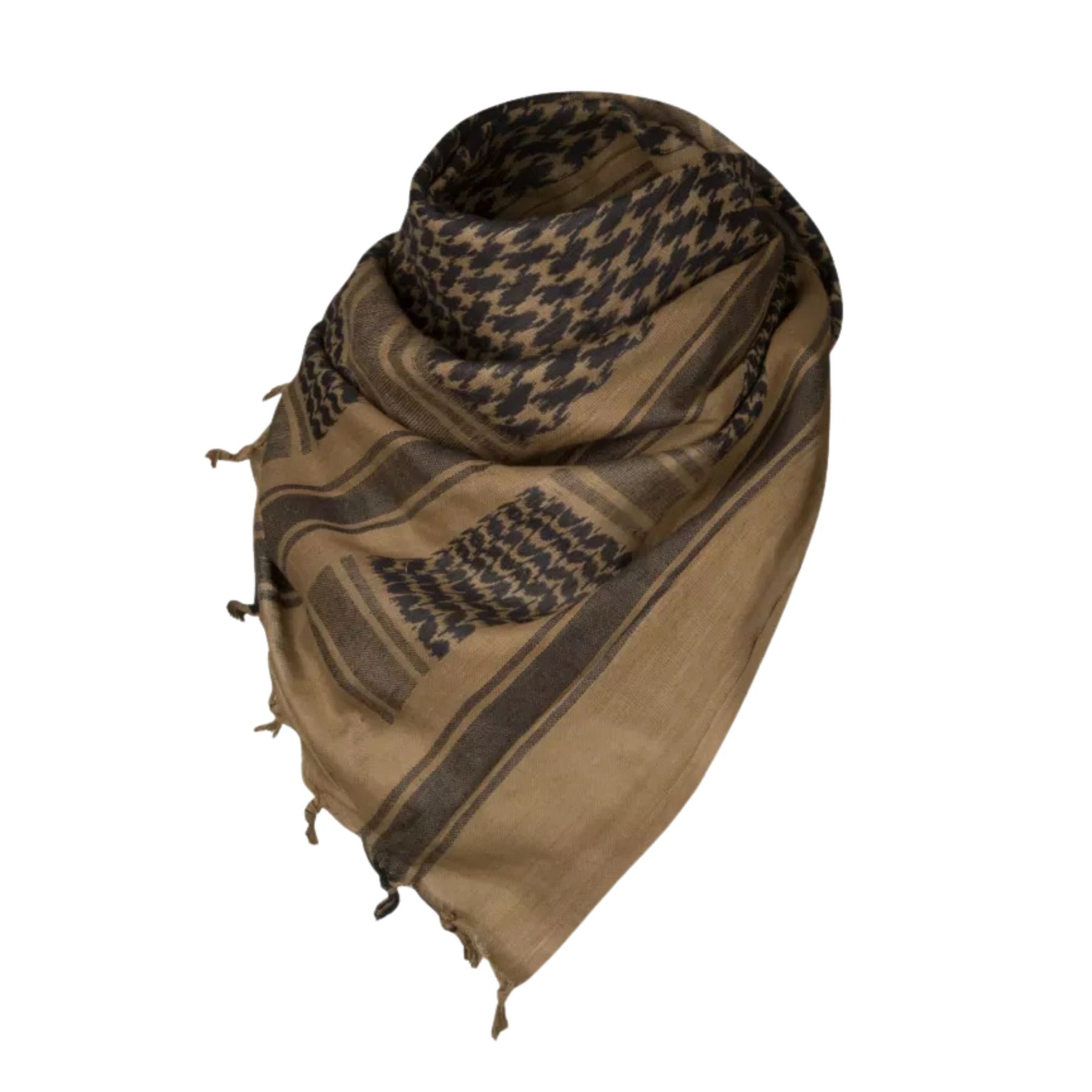Helikon-Tex Shemagh Scarf - Sciarpa tattica traspirante con motivo tradizionale e nappe, ideale per protezione da vento, sole e polvere in attività outdoor, survival e tattiche. Scopri l'attrezzatura su Backpacco.