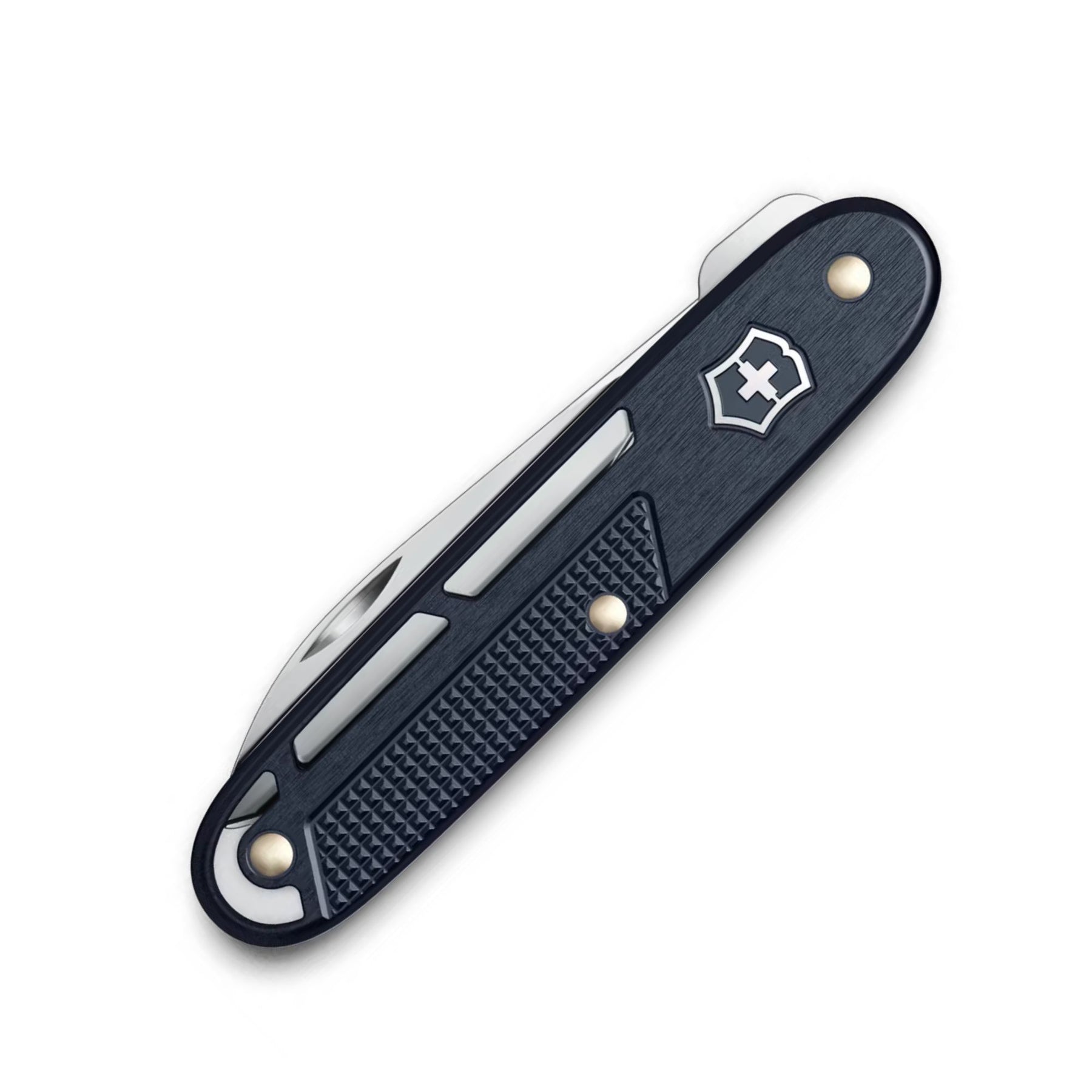 Victorinox Onefold Alox. Coltello chiudibile a lama singola liscia. Guancette in alluminio strutturato con fresature decorative e design scheletrato ultrapiatto. Strumento essenziale e leggero ideale per il porto quotidiano EDC minimalista.