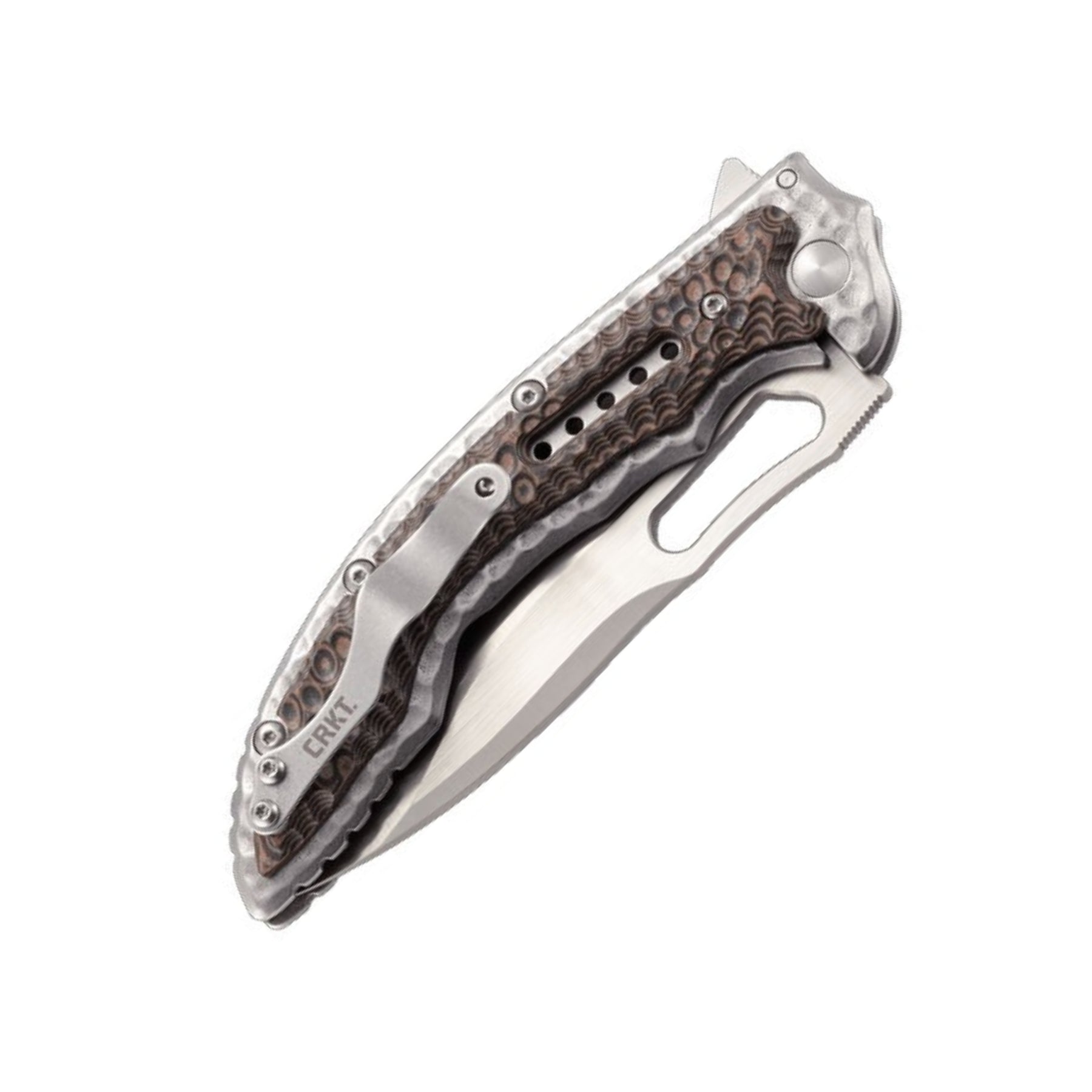 CRKT Fossil coltello chiudibile con apertura flipper su cuscinetti a sfera IKBS, lama drop point in acciaio 8Cr13MoV, guancette con lavorazione martellata e clip da tasca, robusto e versatile per uso EDC, campeggio e attività outdoor.