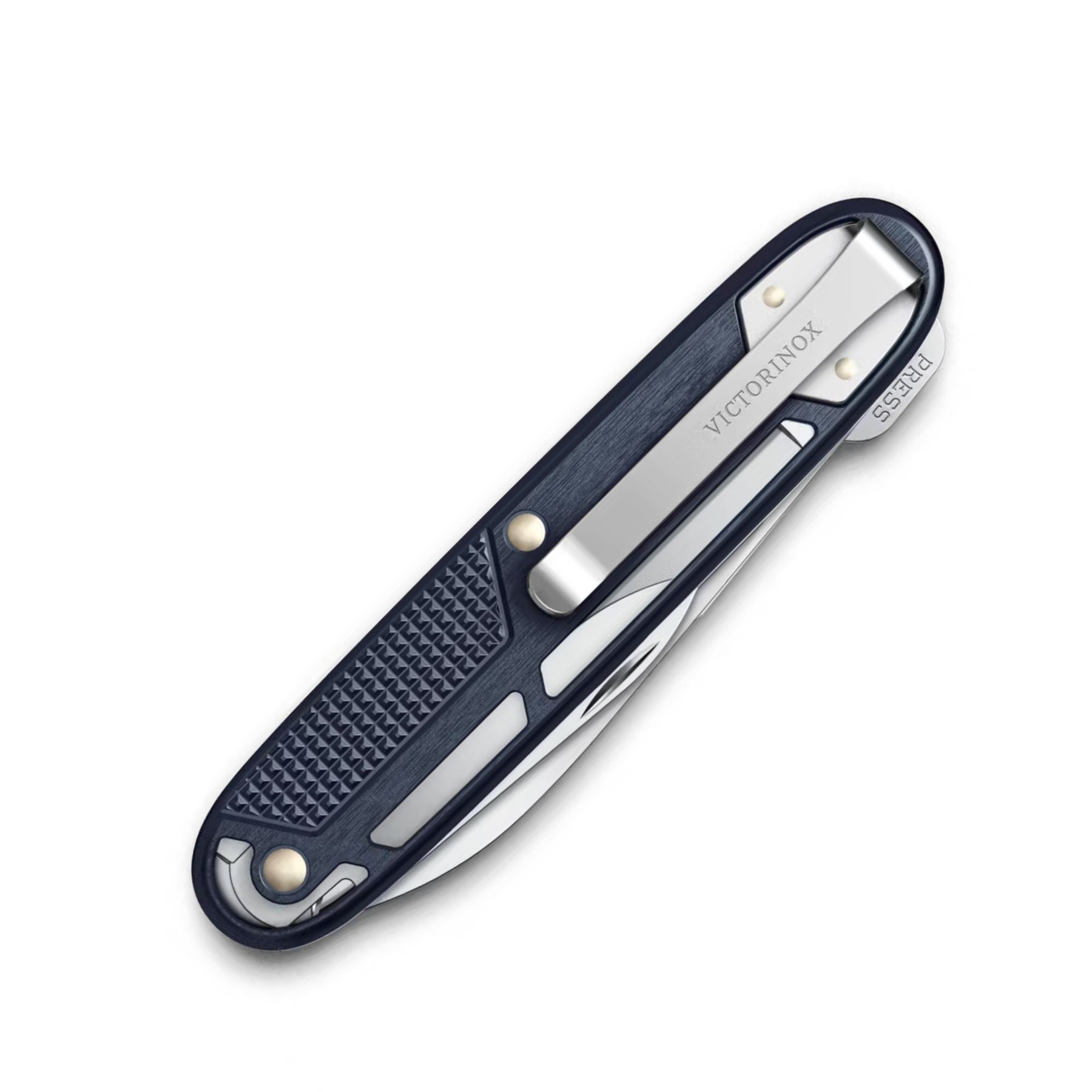 Victorinox Synergy Alox. Multiuso serie Alox Refined con guancette in alluminio scheletrato e clip integrata. Dotato di 9 funzioni tra cui lama principale bloccabile, strumento apripacchi, lima e cacciaviti. Design minimalista moderno per porto quotidiano.