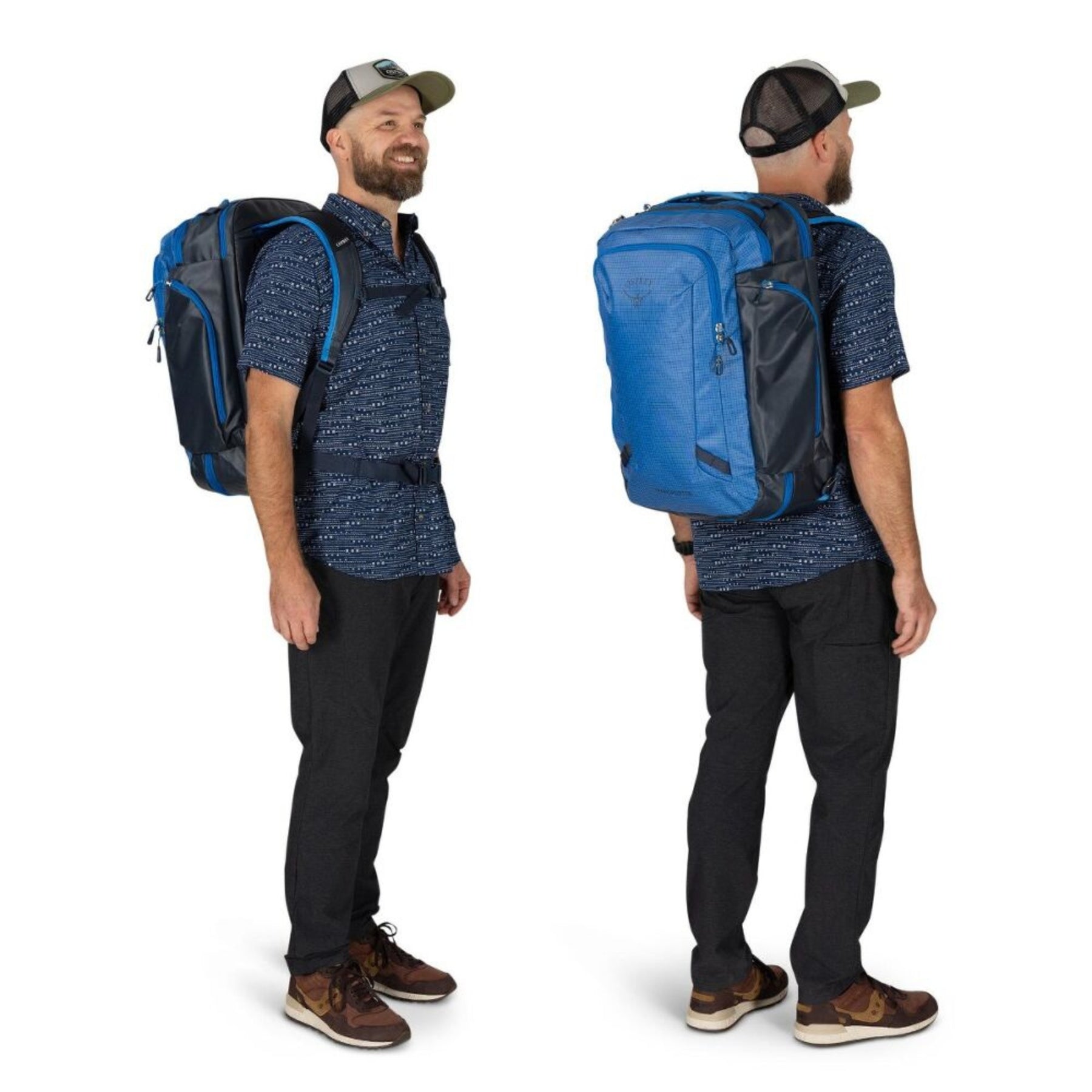 Osprey Transporter Travel Pack 44 zaino da viaggio da 44 litri con spallacci imbottiti, maniglia laterale e scomparti con cerniera in tessuto tecnico robusto. Ideale come bagaglio a mano per outdoor e trekking.