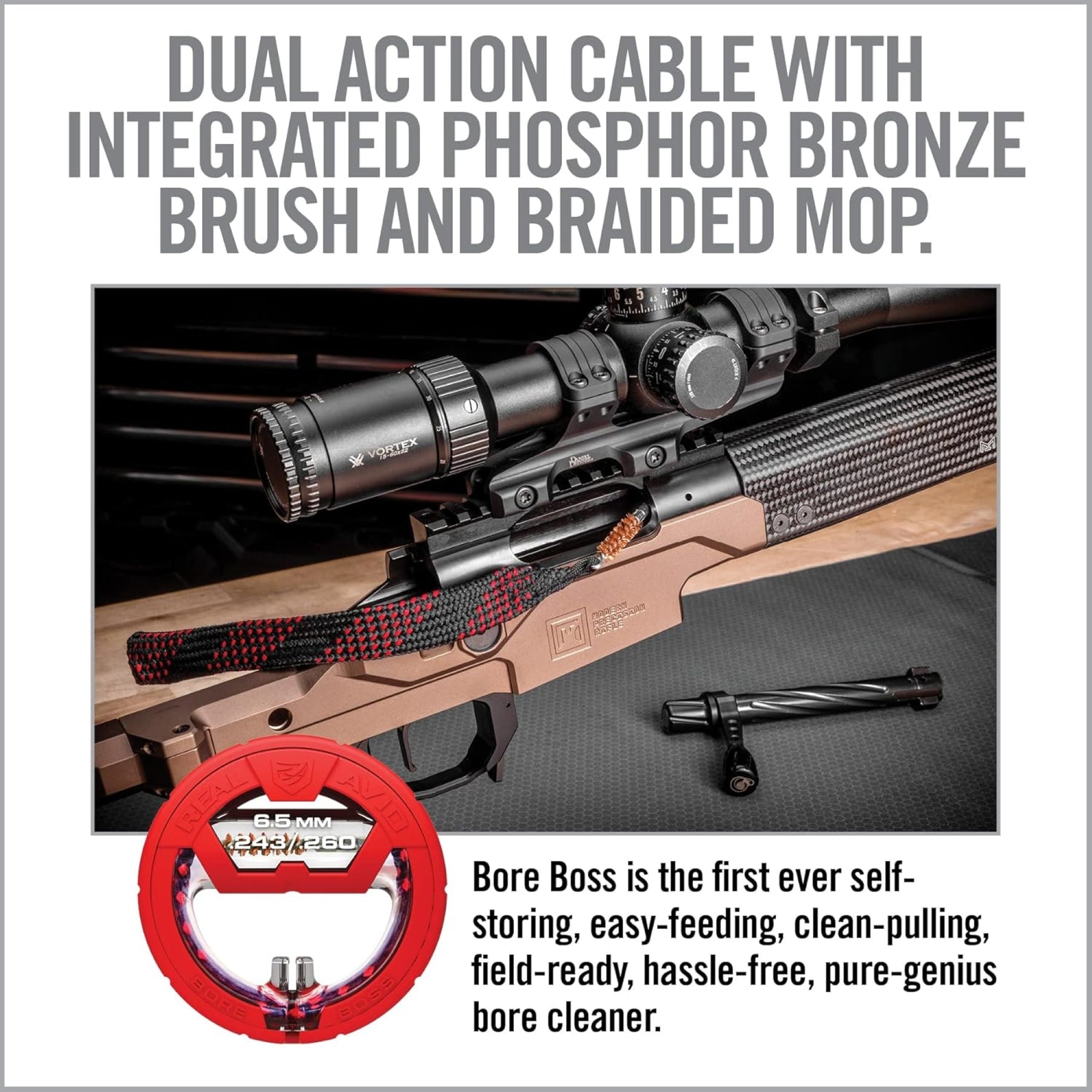 REAL AVID | BORE BOSS .243 / .260 / 6.5 mm RIFLE - Strumento di pulizia rapida canna CAL .243 / .260 / 6.5 mm rifle