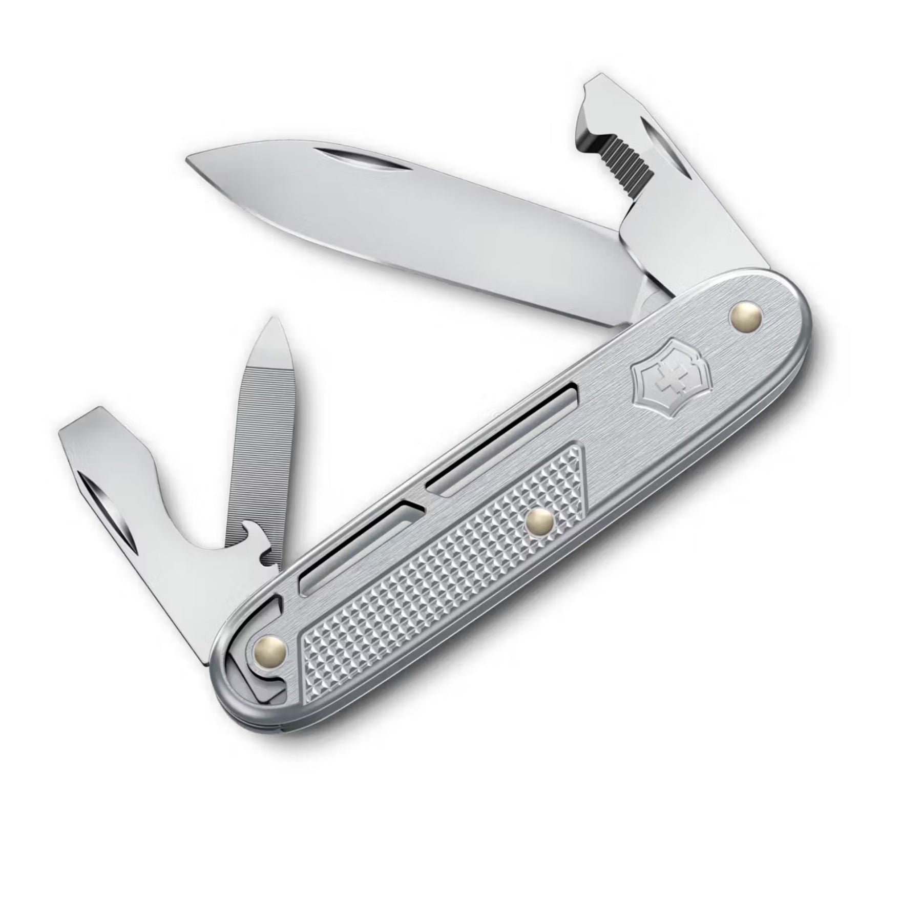 Victorinox Synergy Alox. Multiuso serie Alox Refined con guancette in alluminio scheletrato e clip integrata. Dotato di 9 funzioni tra cui lama principale bloccabile, strumento apripacchi, lima e cacciaviti. Design minimalista moderno per porto quotidiano.