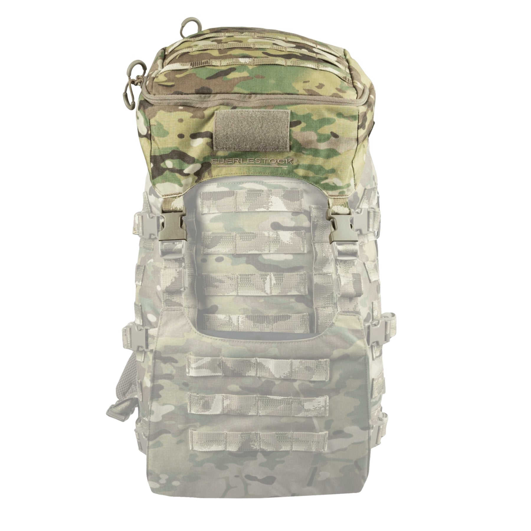 Eberlestock Mission Lid tasca superiore di espansione per sistema EMOD installata sulla parte alta di uno zaino compatibile. Il modulo mostra passanti MOLLE frontali, un inserto in velcro per patch e fibbie a sgancio rapido per l'integrazione e la regolazione del carico.