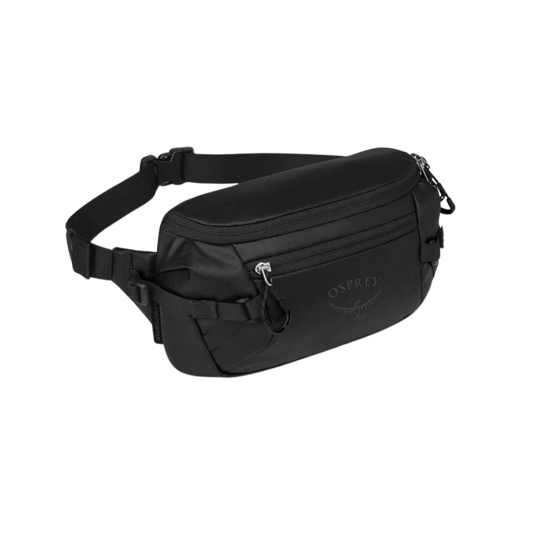 Osprey Transporter Waist Pack marsupio da 3 litri realizzato in tessuto tecnico con trama a griglia e logo frontale, dotato di tasca esterna con zip, cinghie di compressione laterali e cintura regolabile con fibbia a scatto per escursionismo e tempo libero.