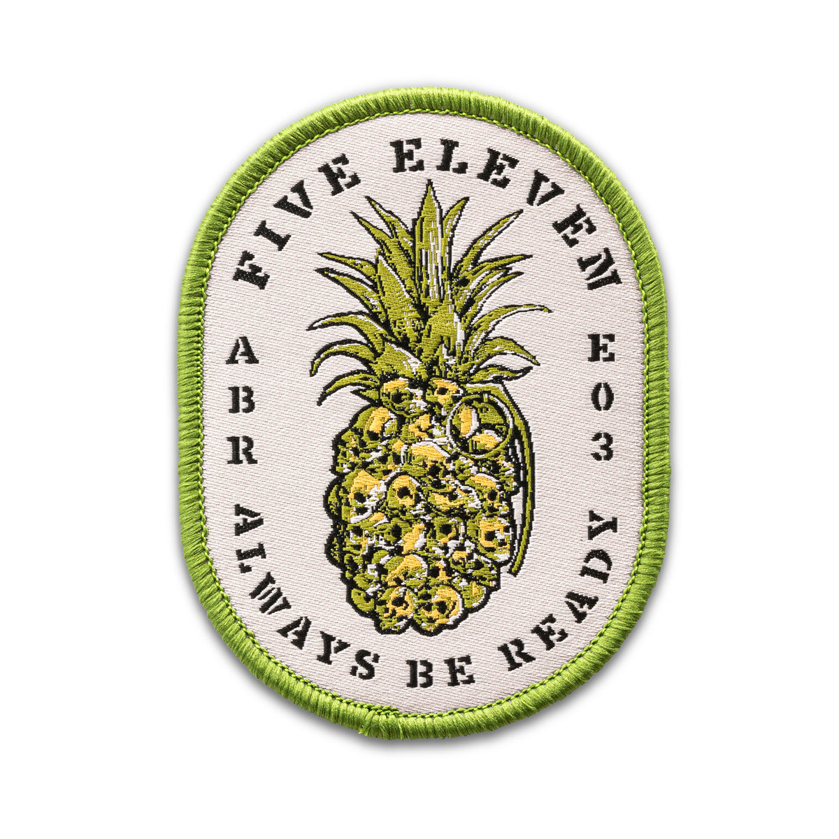 5.11 ABR Island-Nade, patch ricamata con velcro, design a forma di granata a ananas composta da teschi, scritta Five Eleven Always Be Ready, toppa tattica ovale con bordo verde, SU BACKPACCO.IT