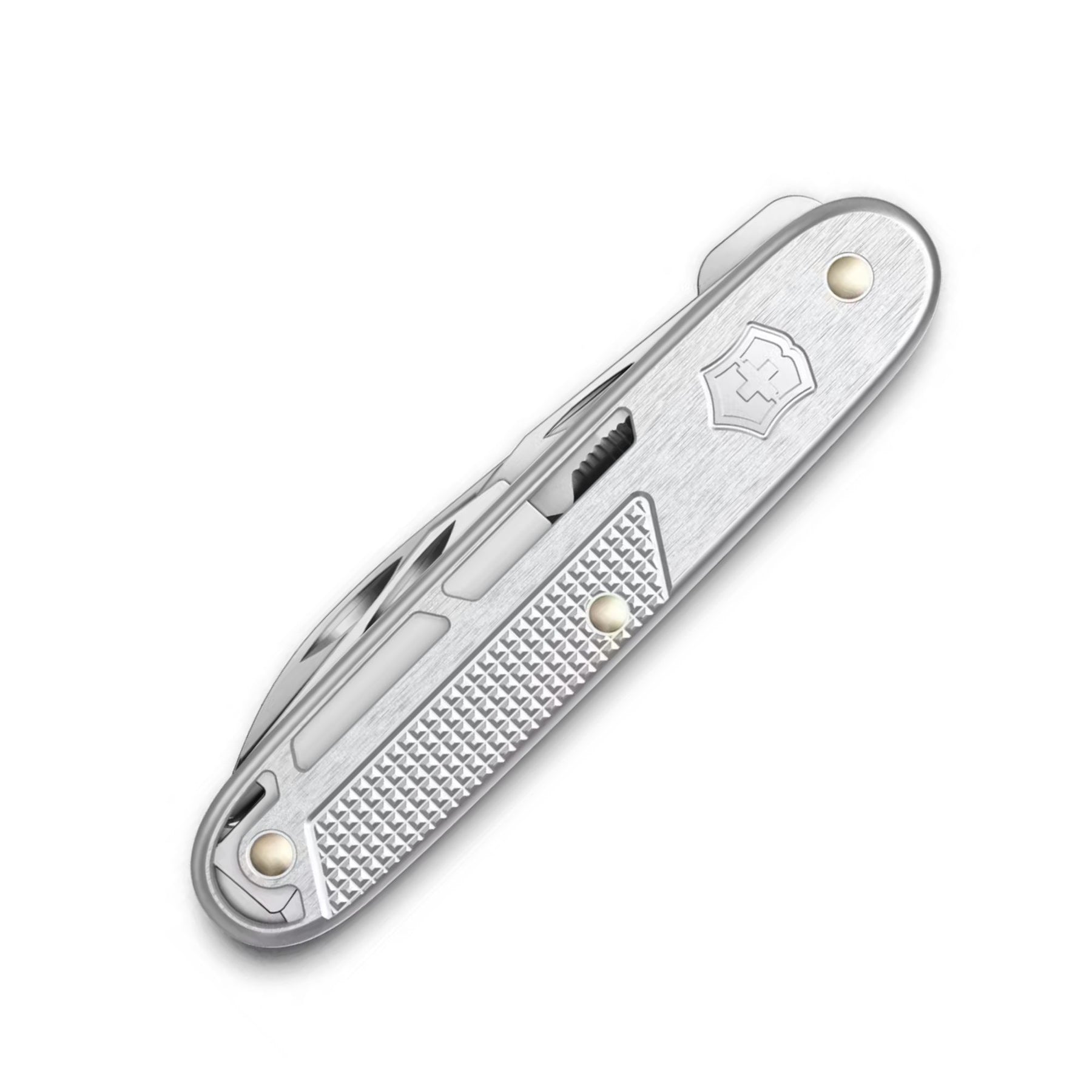 Victorinox Synergy Alox. Multiuso serie Alox Refined con guancette in alluminio scheletrato e clip integrata. Dotato di 9 funzioni tra cui lama principale bloccabile, strumento apripacchi, lima e cacciaviti. Design minimalista moderno per porto quotidiano.