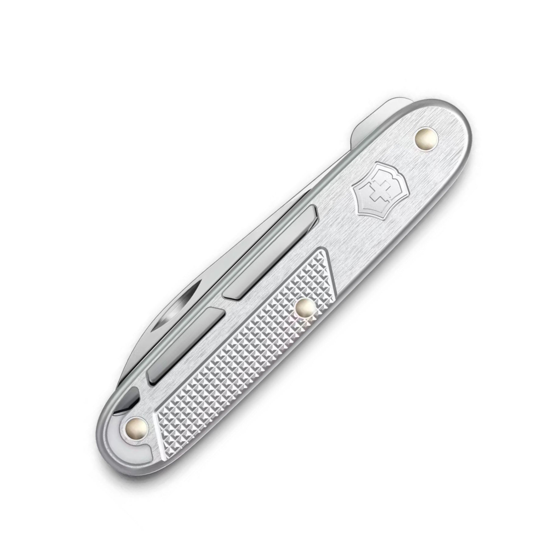 Victorinox Onefold Alox. Coltello chiudibile a lama singola liscia. Guancette in alluminio strutturato con fresature decorative e design scheletrato ultrapiatto. Strumento essenziale e leggero ideale per il porto quotidiano EDC minimalista.