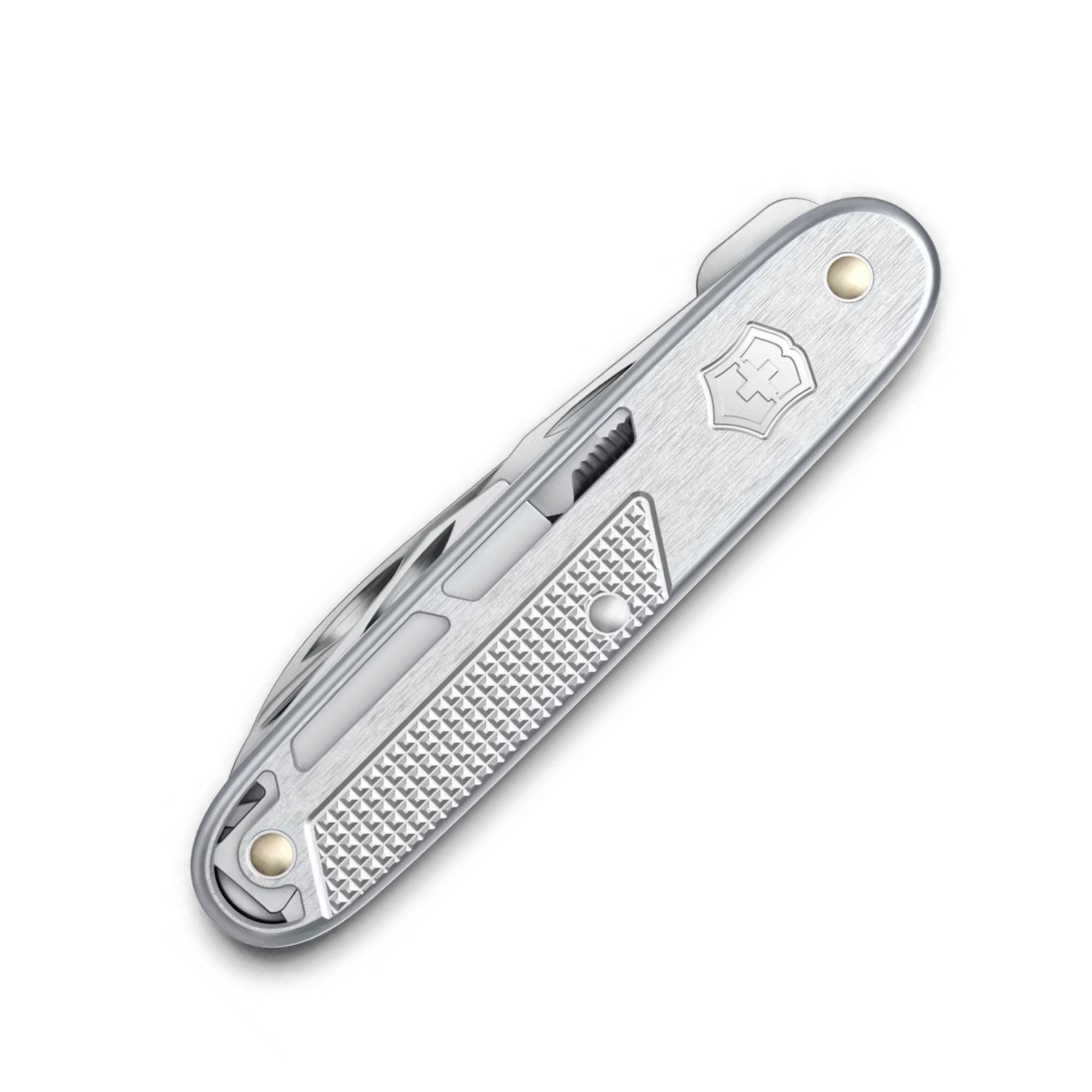Victorinox Synergy X Alox. Multiuso con guancette in alluminio zigrinato e manico caratterizzato da fresature decorative. Dotato di lama principale, forbici di precisione, apriscatole e lima multifunzione. Design esclusivo che unisce eleganza e funzionalità per il porto quotidiano.