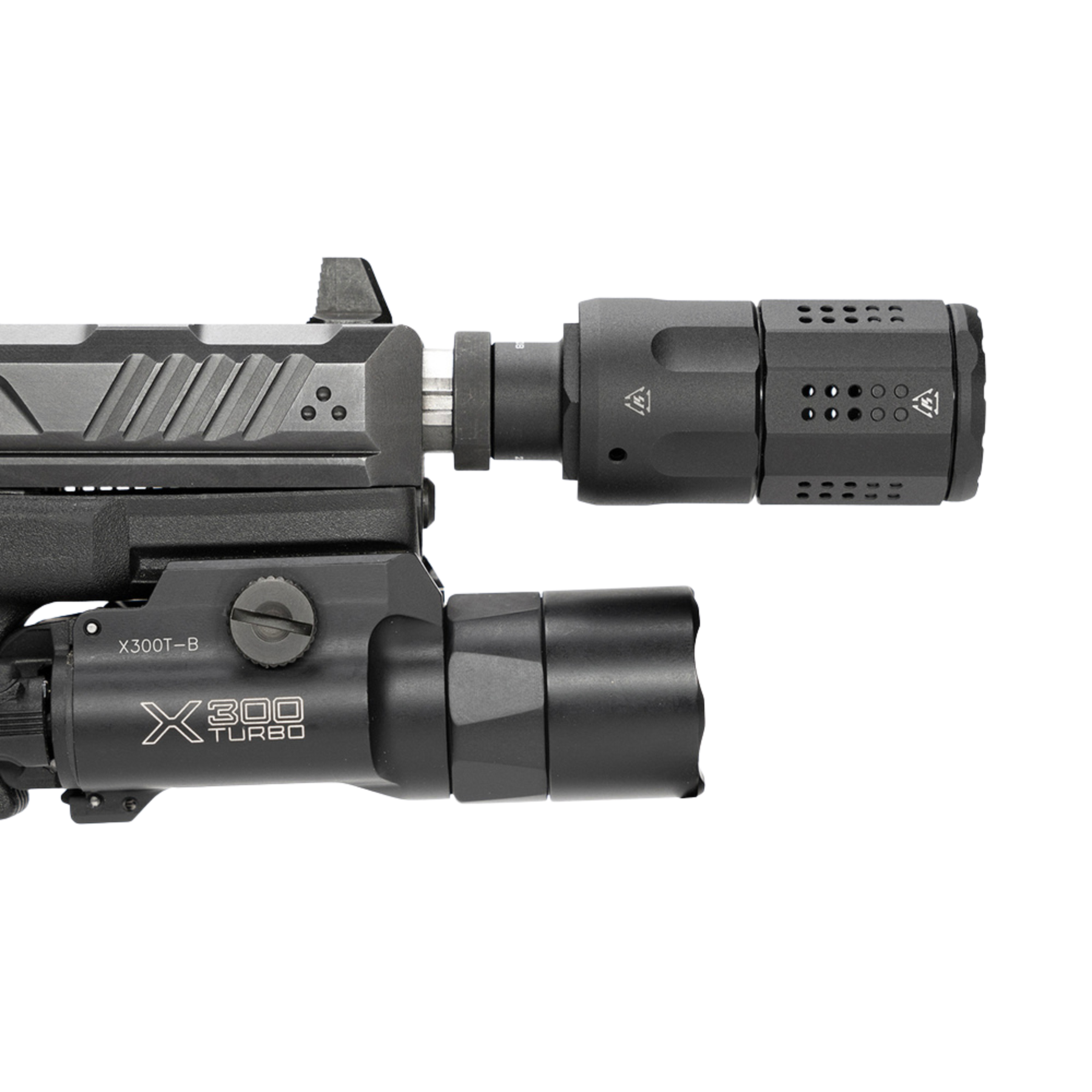 compensatore strike industries per pistola calibro 9mm accessorio tattico grigio metallo per riduzione rinculo e controllo volata