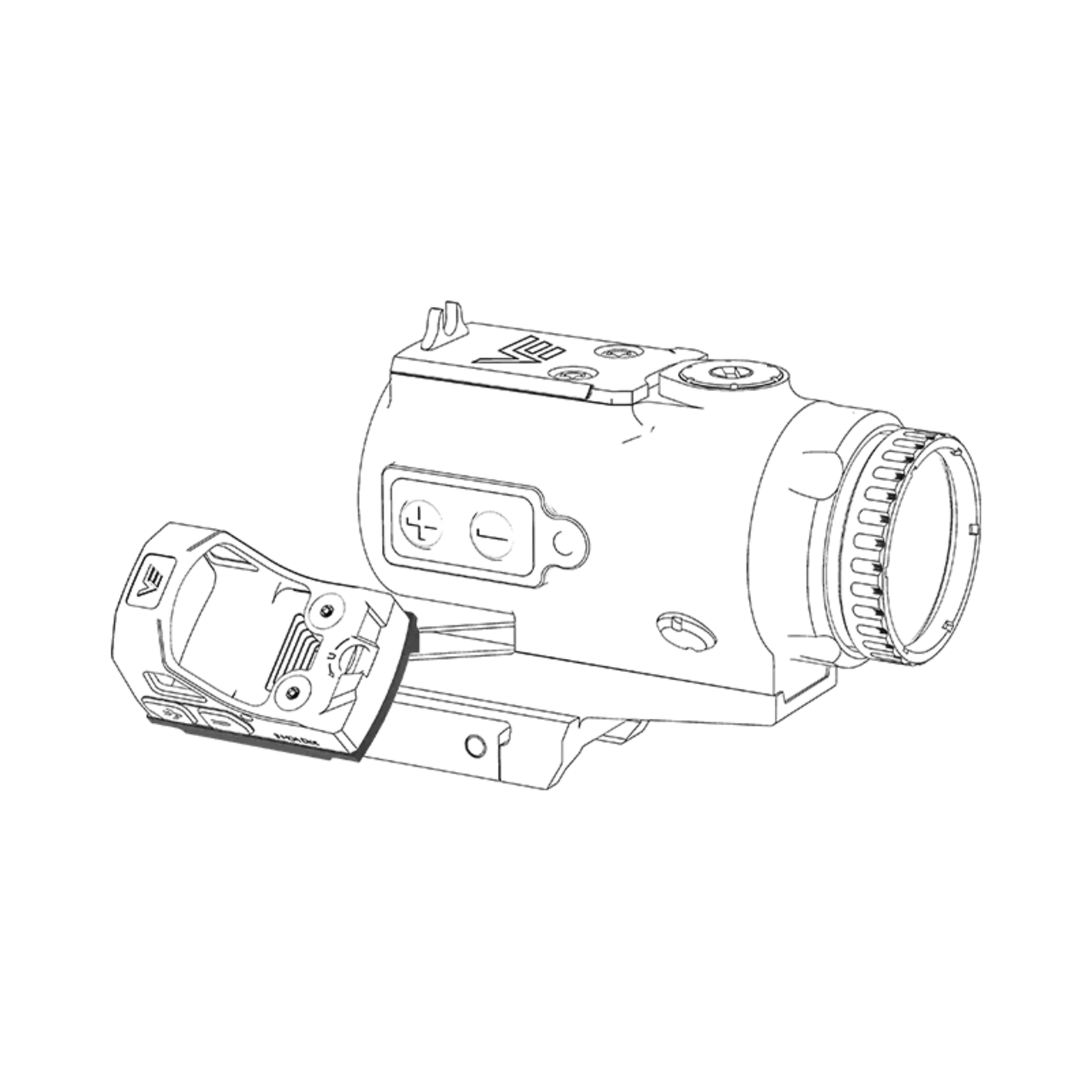 Vector Optics Red Dot Sight Offset Mount MAG: Supporto tattico offset a 45 gradi per mirini a punto rosso. Realizzato in lega di alluminio aeronautico con finitura opaca, permette il montaggio rapido di un'ottica secondaria su slitta Cantilever. Design robusto e leggero per una transizione immediata tra ottiche.