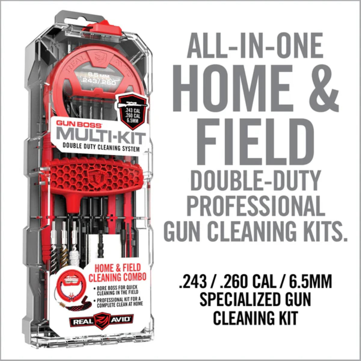 Kit di pulizia per armi Real Avid Gun Boss Multi-Kit calibro .243 / .260 / 6.5mm, sistema a doppia funzione per pulizia sul campo e completa a casa, in valigetta robusta trasparente e rossa, specificamente per calibri di precisione .243, .260 e 6.5mm