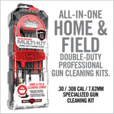 Kit di pulizia per armi Real Avid Gun Boss Multi-Kit calibro .30 / .308 / 7.62mm, sistema a doppia funzione per pulizia sul campo e completa a casa, in valigetta robusta trasparente e rossa, specificamente per calibri .30 e 7.62mm
