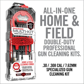 Kit di pulizia per armi Real Avid Gun Boss Multi-Kit calibro .30 / .308 / 7.62mm, sistema a doppia funzione per pulizia sul campo e completa a casa, in valigetta robusta trasparente e rossa, specificamente per calibri .30 e 7.62mm