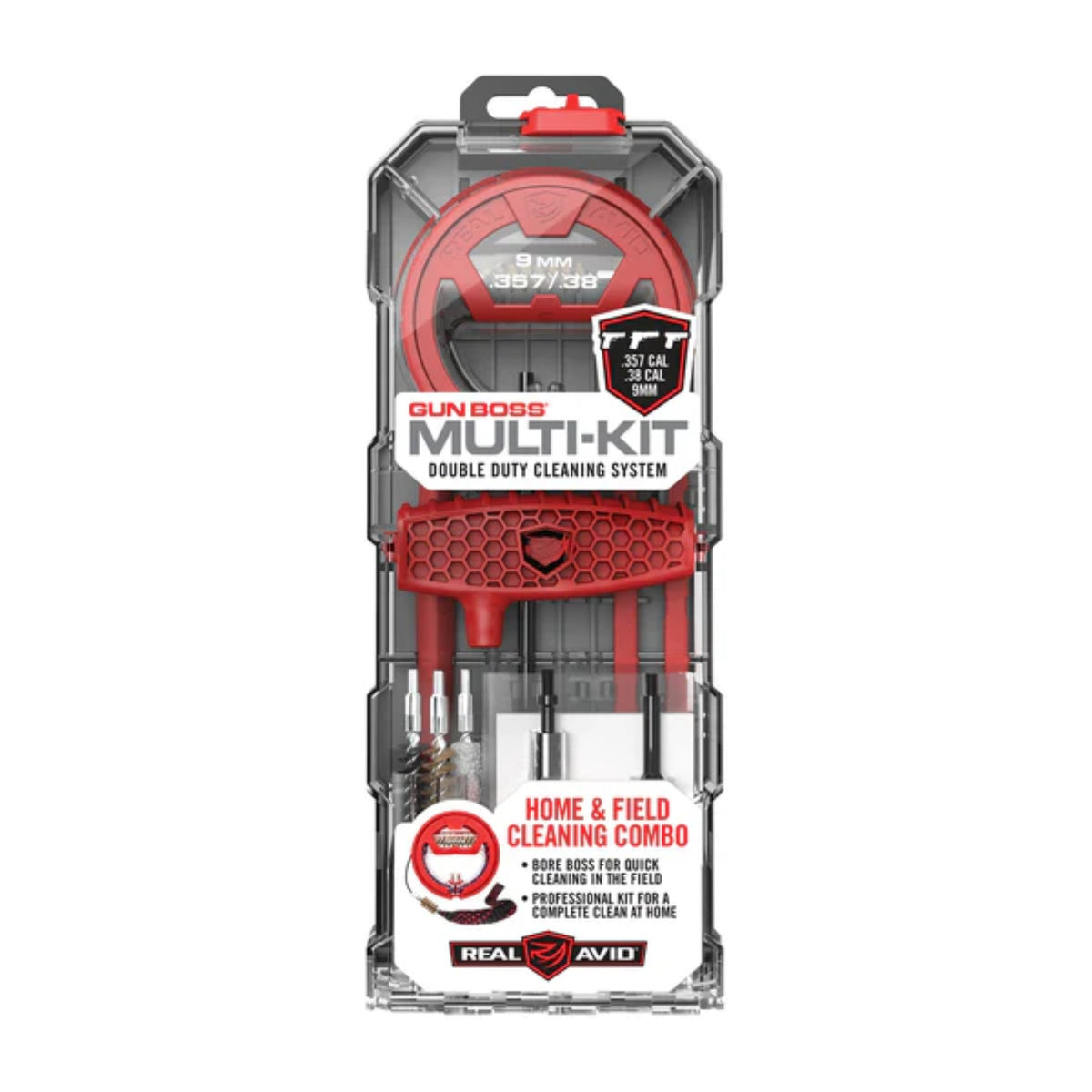 Kit di pulizia per armi Real Avid Gun Boss Multi-Kit calibro .30 / .308 / 7.62mm, sistema a doppia funzione per pulizia sul campo e completa a casa, in valigetta robusta trasparente e rossa, specificamente per calibri .30 e 7.62mm