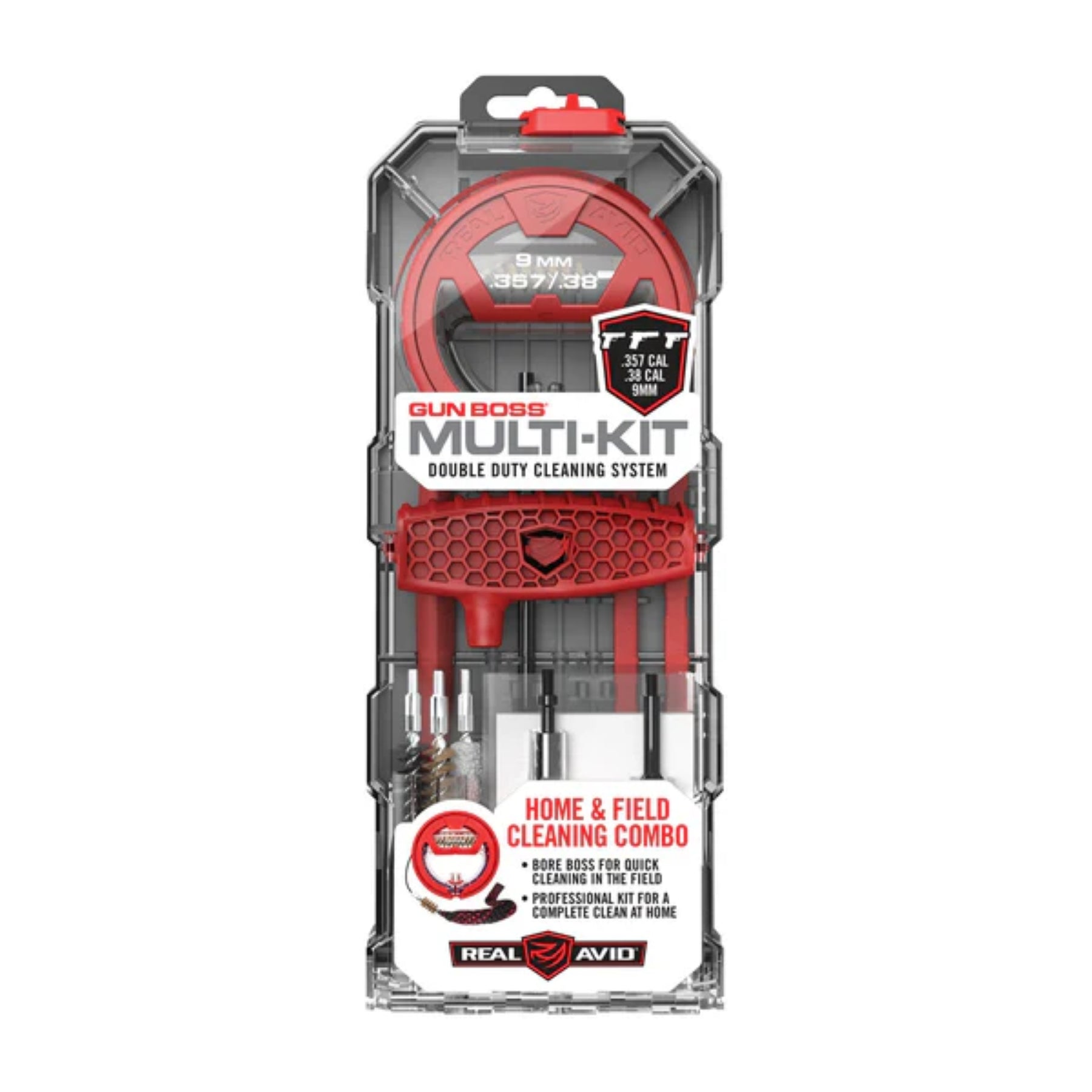 Kit di pulizia per armi Real Avid Gun Boss Multi-Kit calibro .30 / .308 / 7.62mm, sistema a doppia funzione per pulizia sul campo e completa a casa, in valigetta robusta trasparente e rossa, specificamente per calibri .30 e 7.62mm