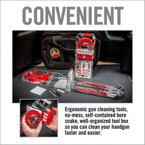 Kit di pulizia per armi Real Avid Gun Boss Multi-Kit calibro .30 / .308 / 7.62mm, sistema a doppia funzione per pulizia sul campo e completa a casa, in valigetta robusta trasparente e rossa, specificamente per calibri .30 e 7.62mm