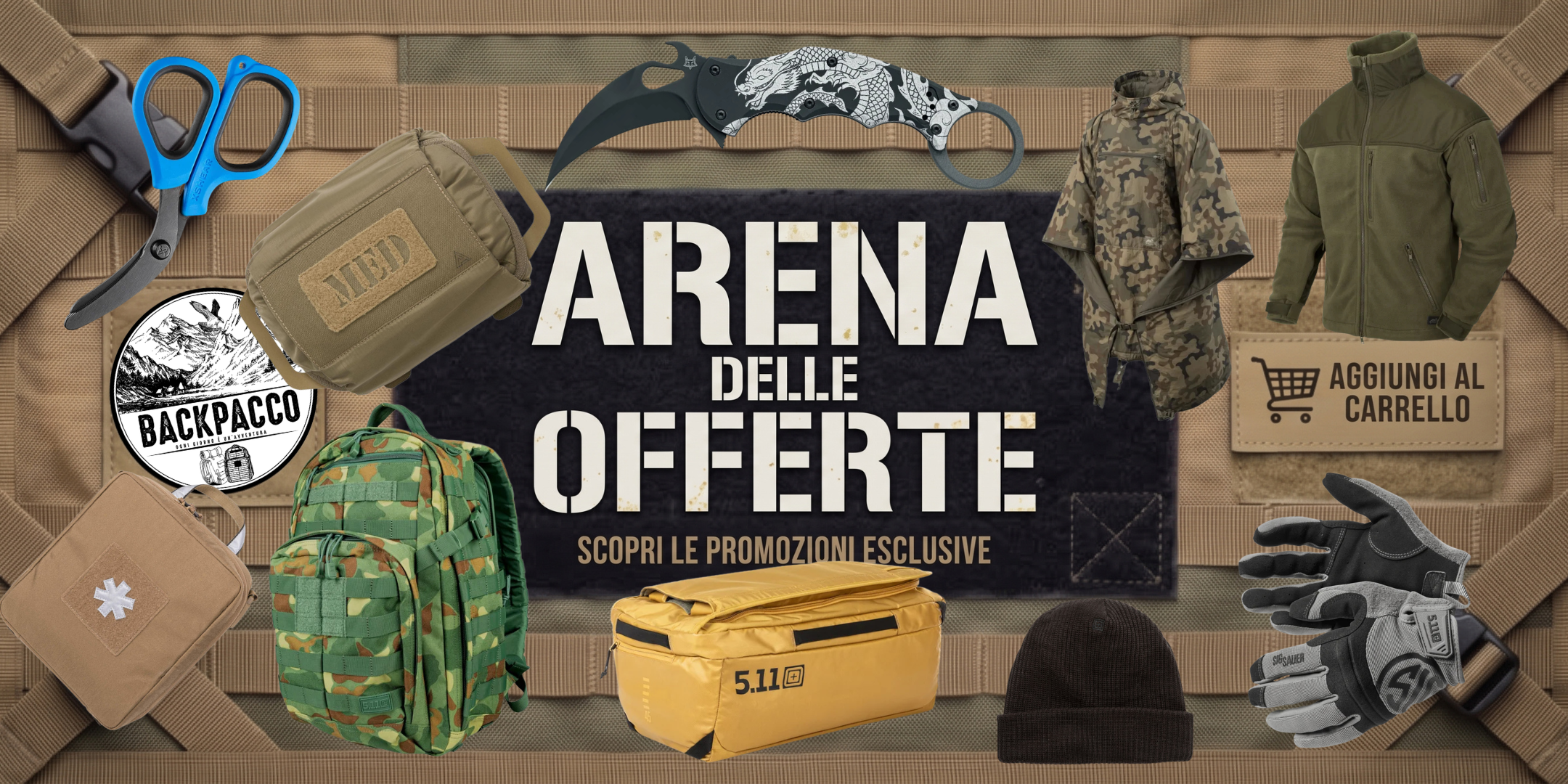 Backpacco Arena delle Offerte banner promozionale con selezione di equipaggiamento tattico zaini modulari coltelli karambit forbici da soccorso e abbigliamento outdoor scopri le promozioni esclusive