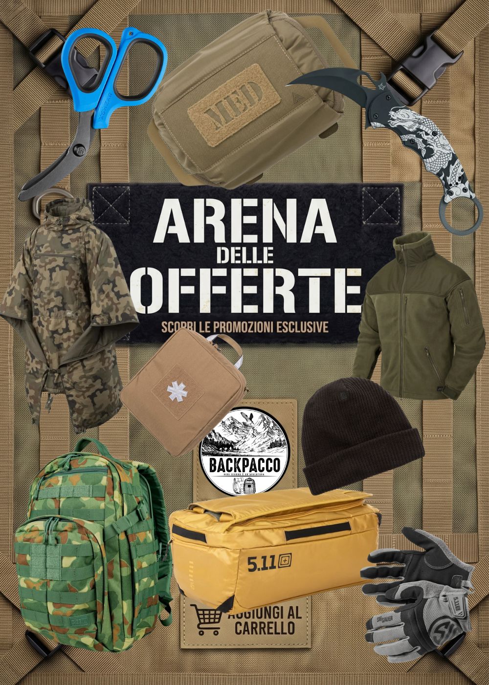 Backpacco Arena delle Offerte banner promozionale con selezione di equipaggiamento tattico zaini modulari coltelli karambit forbici da soccorso e abbigliamento outdoor scopri le promozioni esclusive